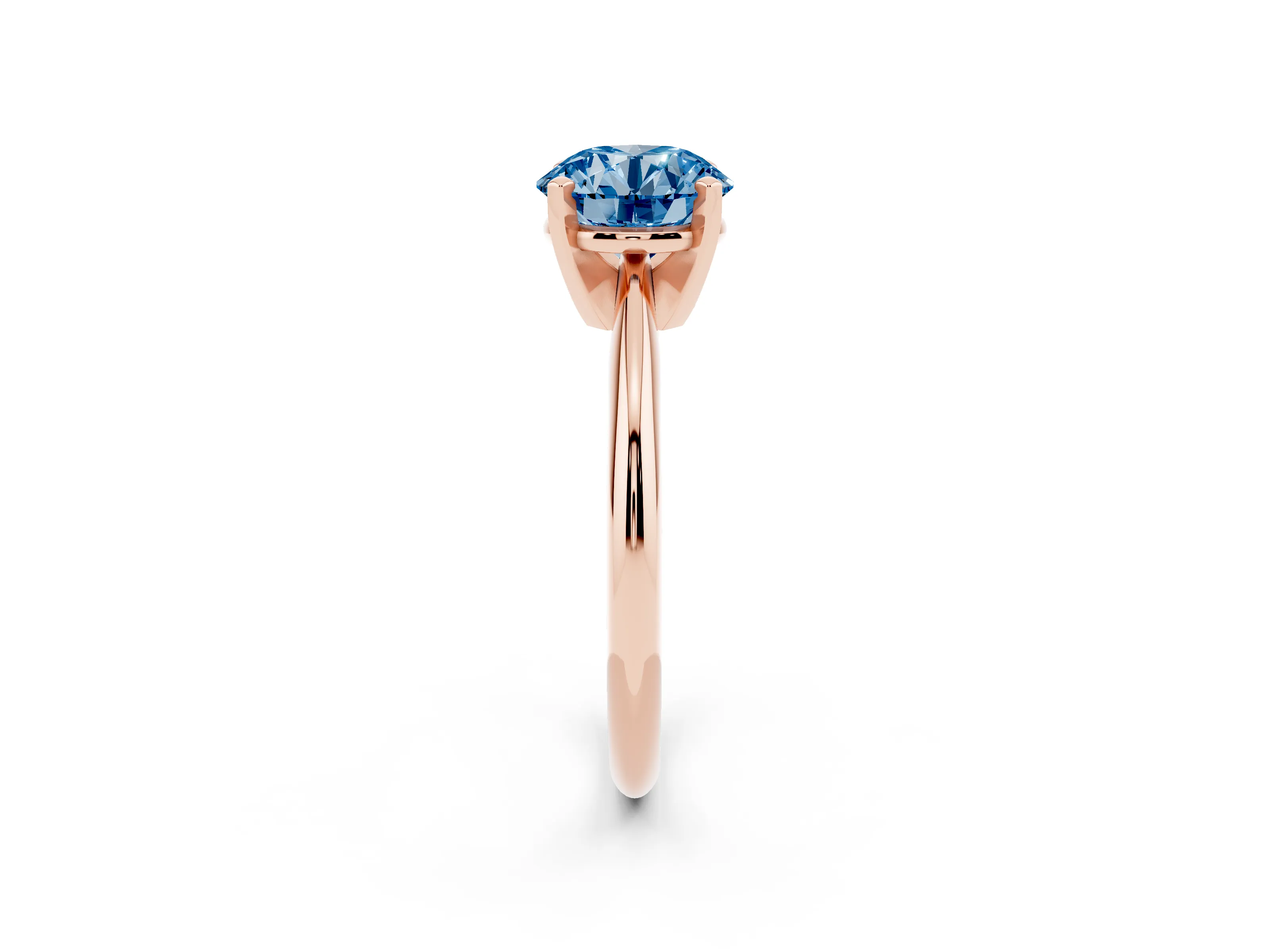 Fancy Blue Round Cut Diamond Solitaire Ring Set in Rose gold with Prong Setting on a Plain Round Band
