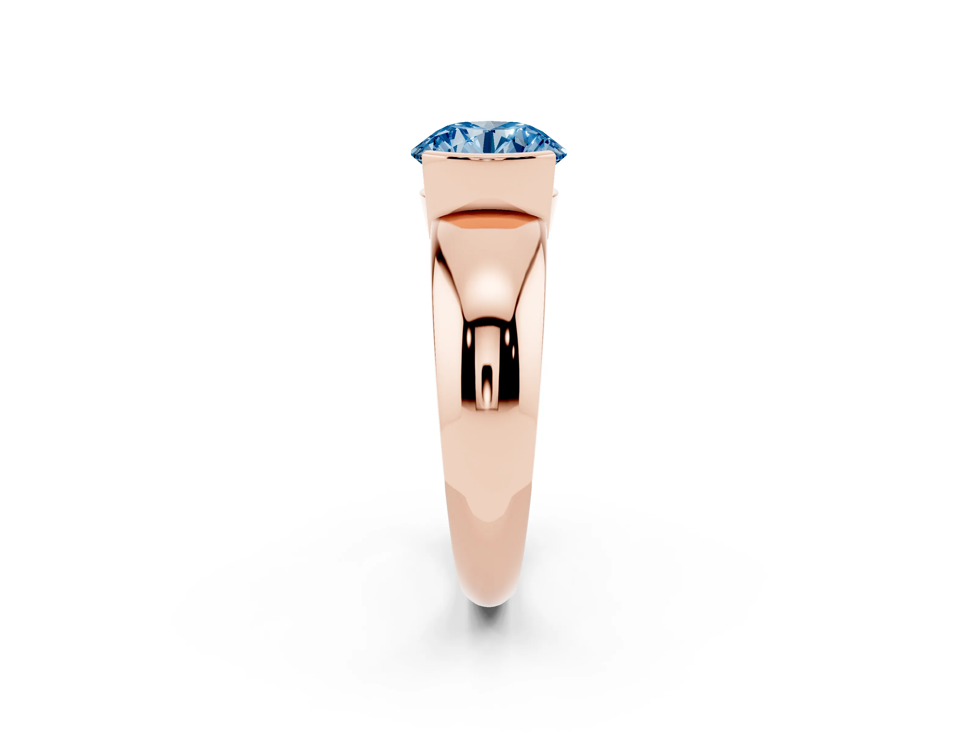 Fancy Blue Round Cut Diamond Solitaire Tension Set Ring Set in Rose gold with Wide Band