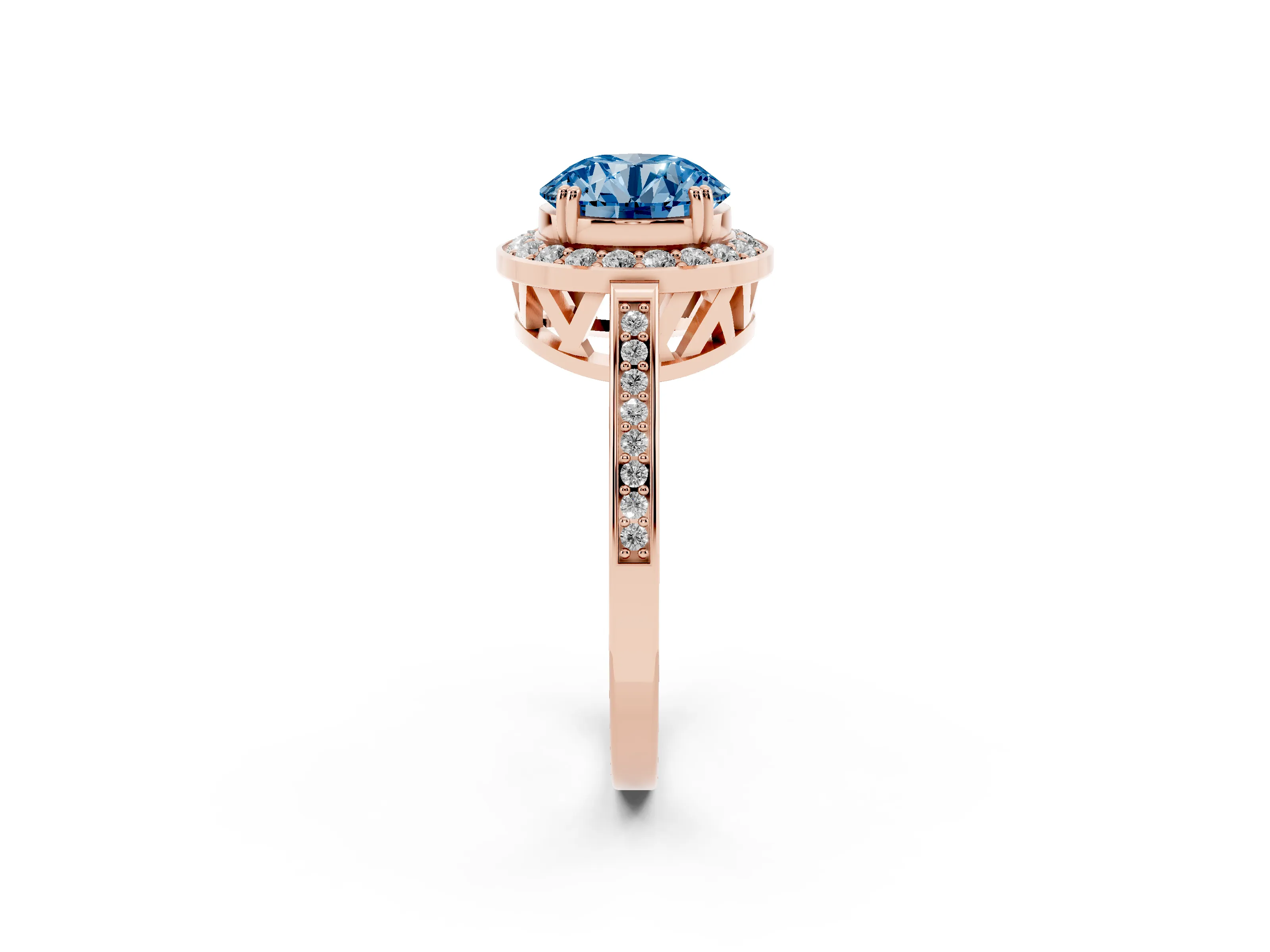 Fancy Blue Round Cut Diamond Halo Ring Set in Rose gold with Accent-Lined Split Shank and Prong Setting