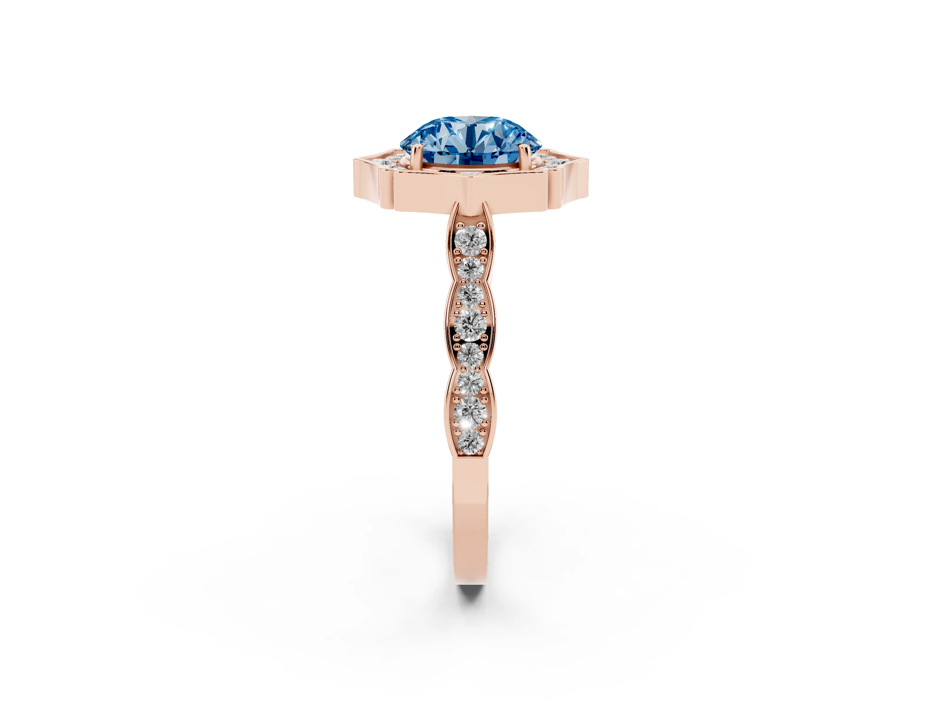 Fancy Blue Round Cut Diamond Halo Engagement Ring Set in Rose gold with Milgrain Band and Prong Setting