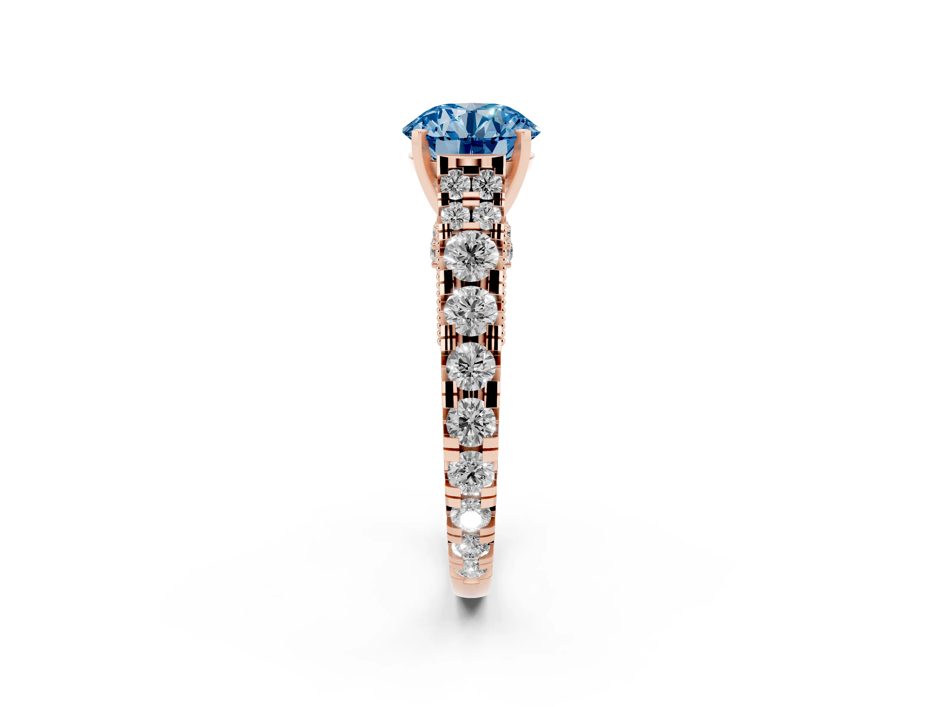 Fancy Blue Round Cut Diamond Classic Solitaire Ring Set in Rose gold with Pavé Band and Prong Setting