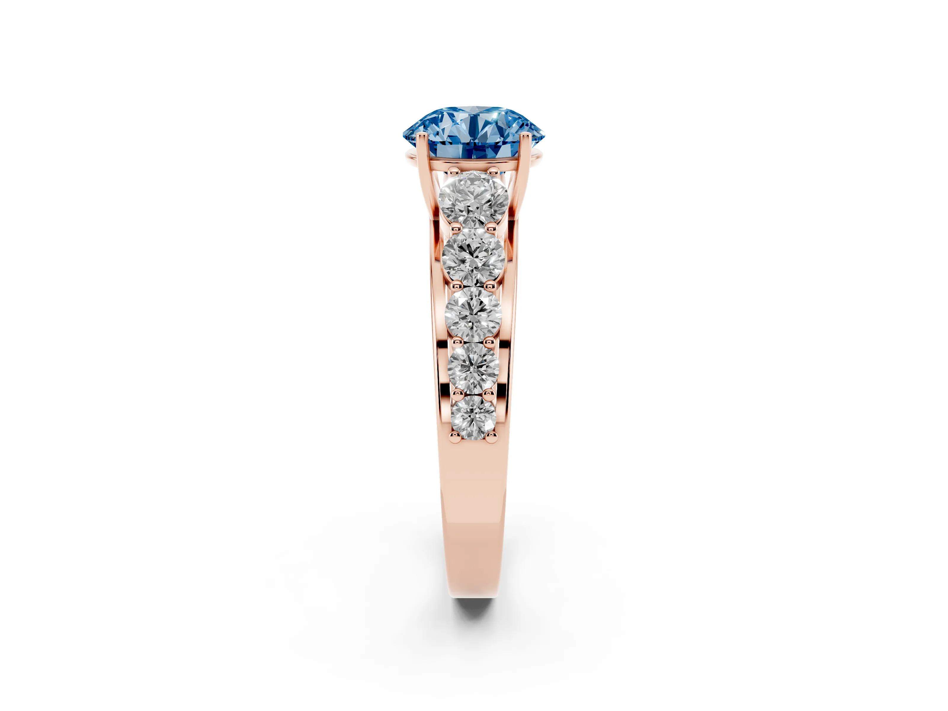 Fancy Blue Round Cut Diamond Solitaire Ring Set in Rose gold with Pavé-Set Band and Prong Setting
