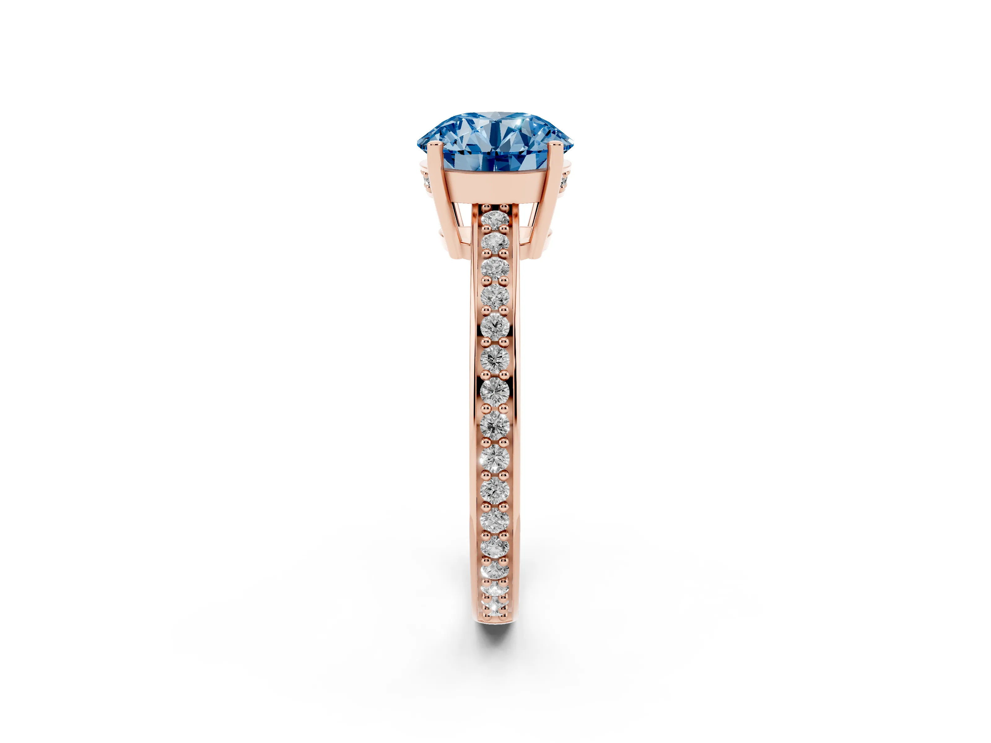 Fancy Blue Round Cut Diamond Pavé Band Prong Set Solitaire Ring Set in Rose gold