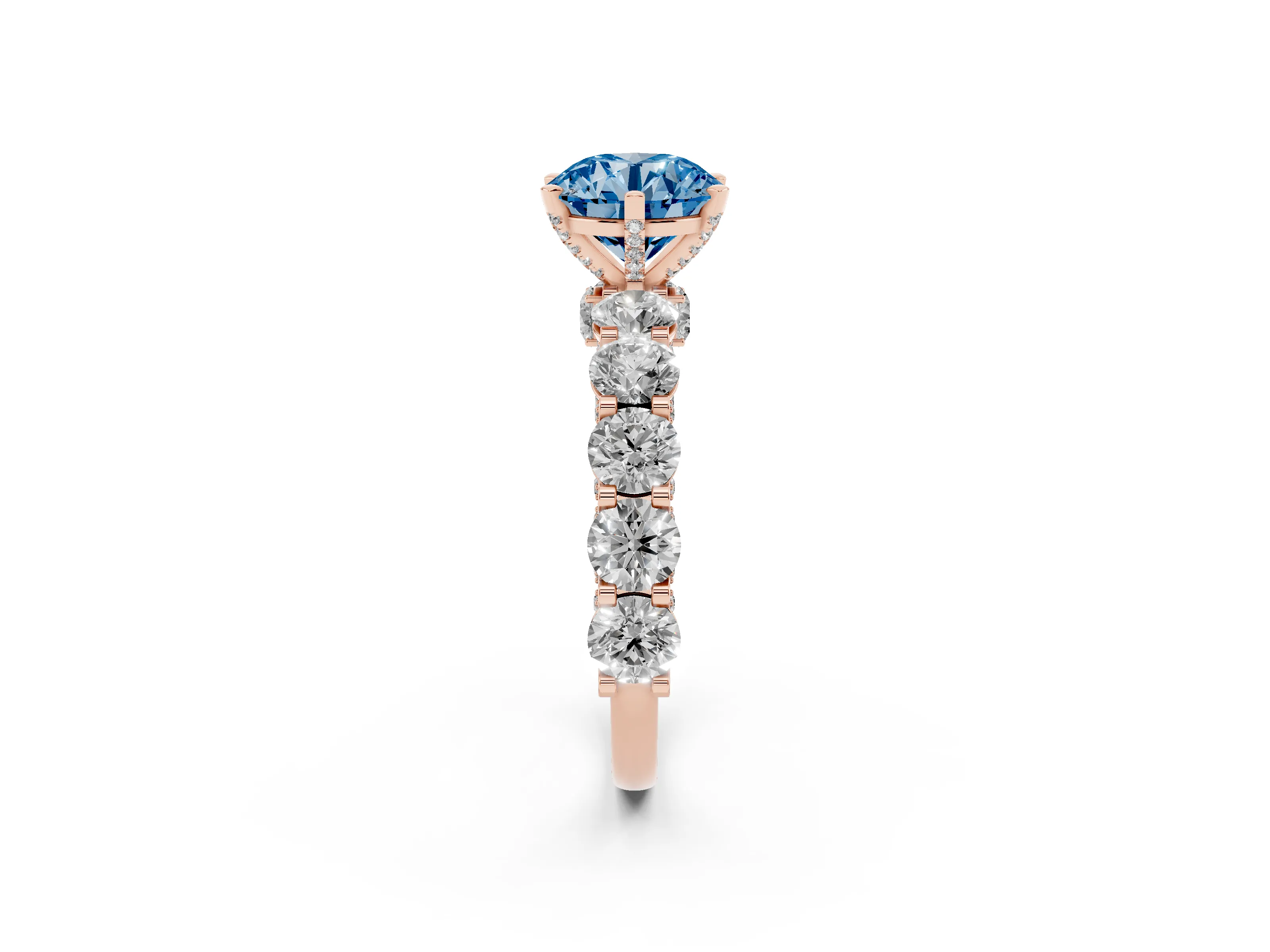 Fancy Blue Round Cut Diamond Side Stone Ring Set in Rose gold with Alternating Round and Oval Side Stones