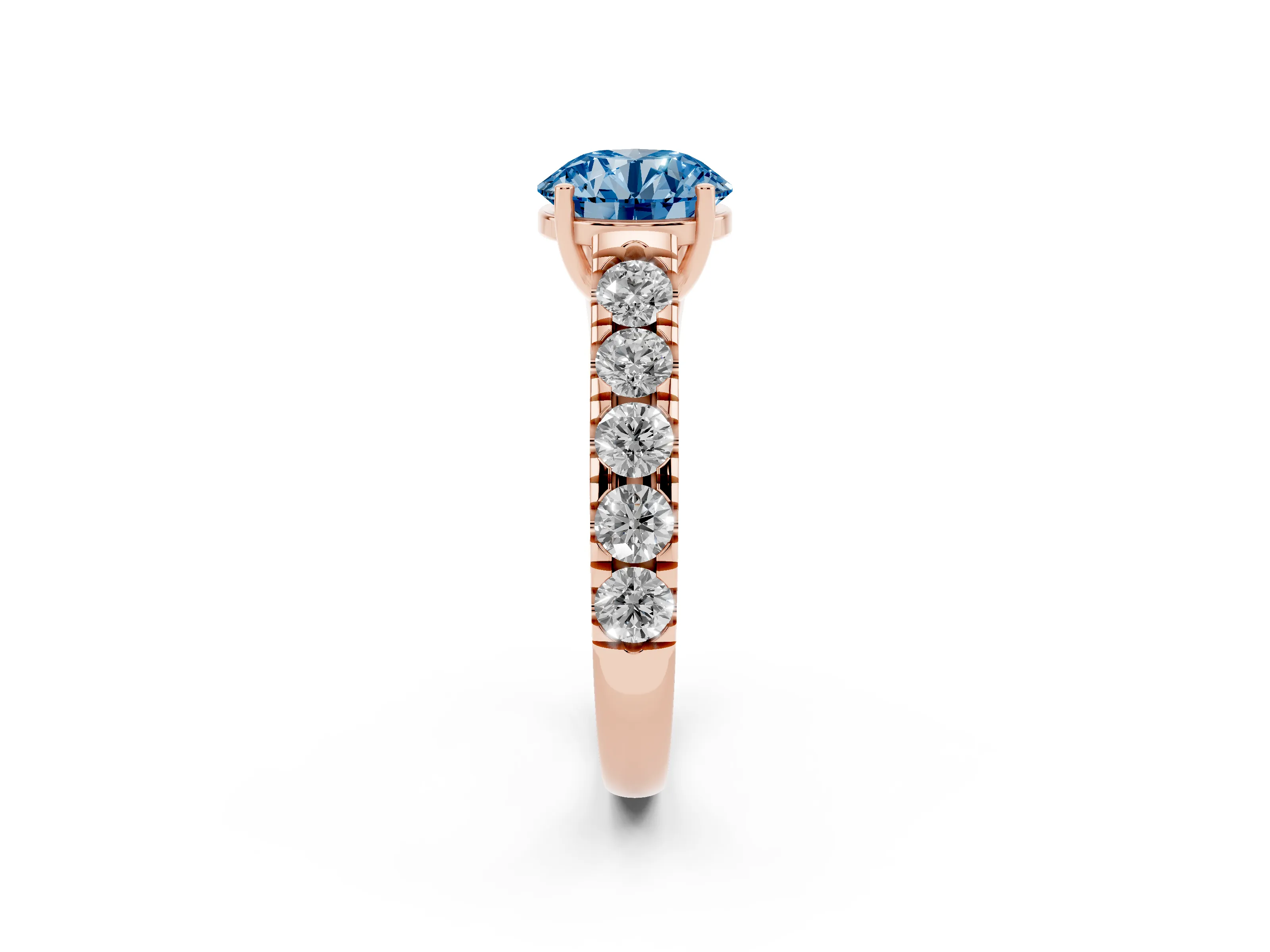 Fancy Blue Round Cut Diamond Solitaire Ring Set in Rose gold with Cut-Down Micro Pavé Band and Prong Setting