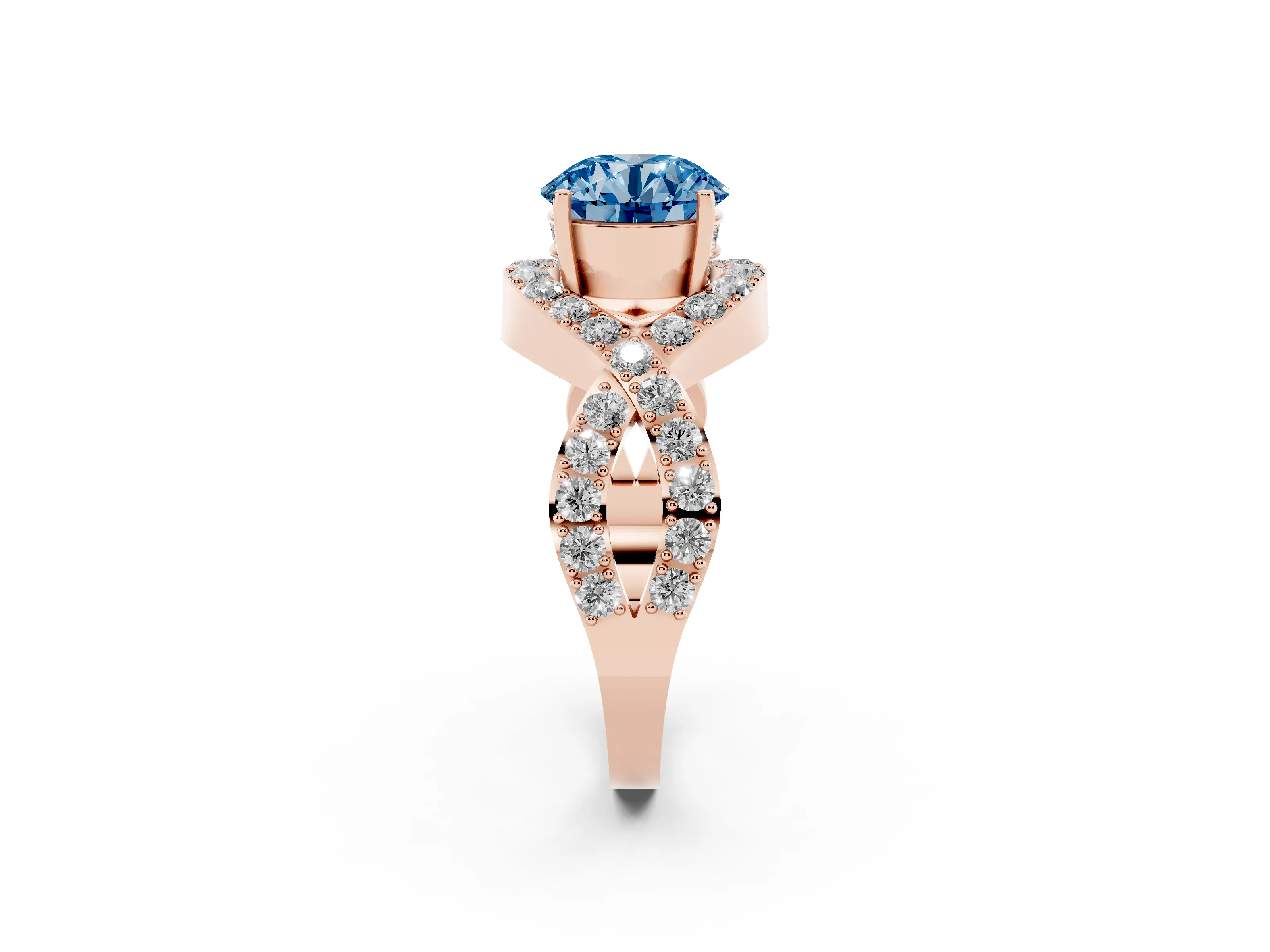 Fancy Blue Round Cut Diamond Solitaire Twist Band Pavé Engagement Ring Set in Rose gold