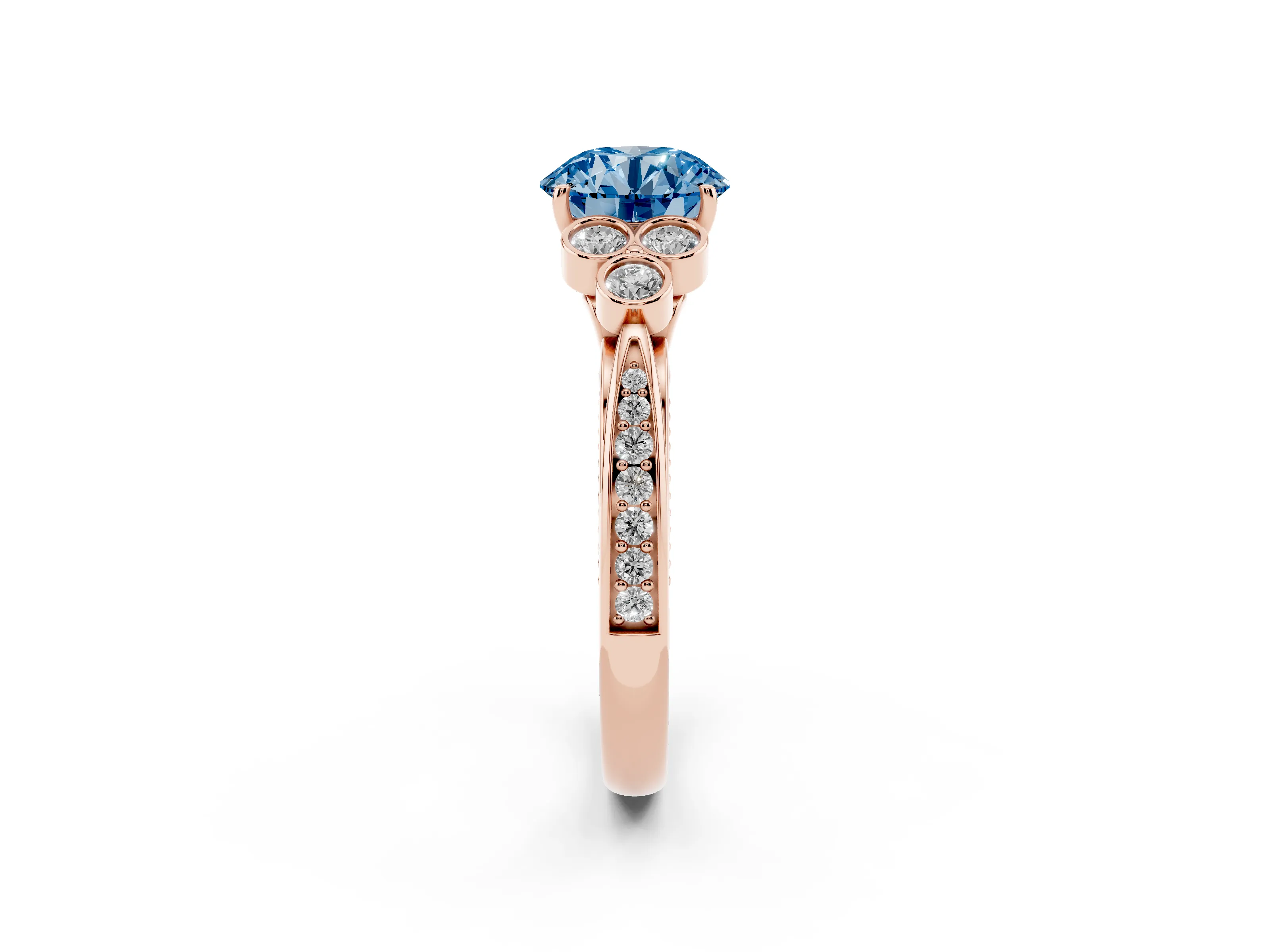 Fancy Blue Round Cut Diamond Engagement Ring Set in Rose gold with Bezel Set Round Side Stones and Prong Setting