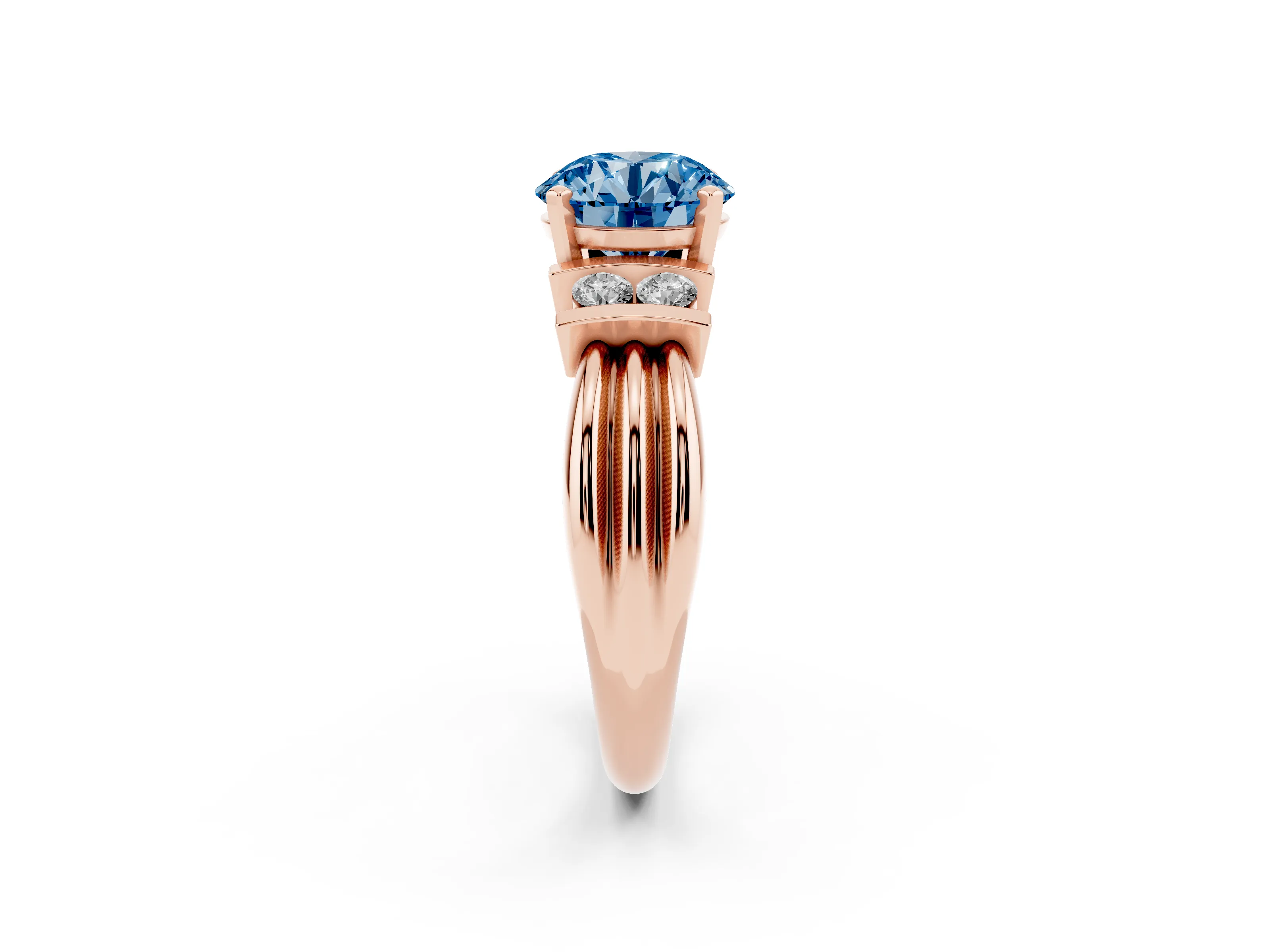 Fancy Blue Three-Stone Round Cut Diamond Channel Set Ring Set in Rose gold with Bar Prongs