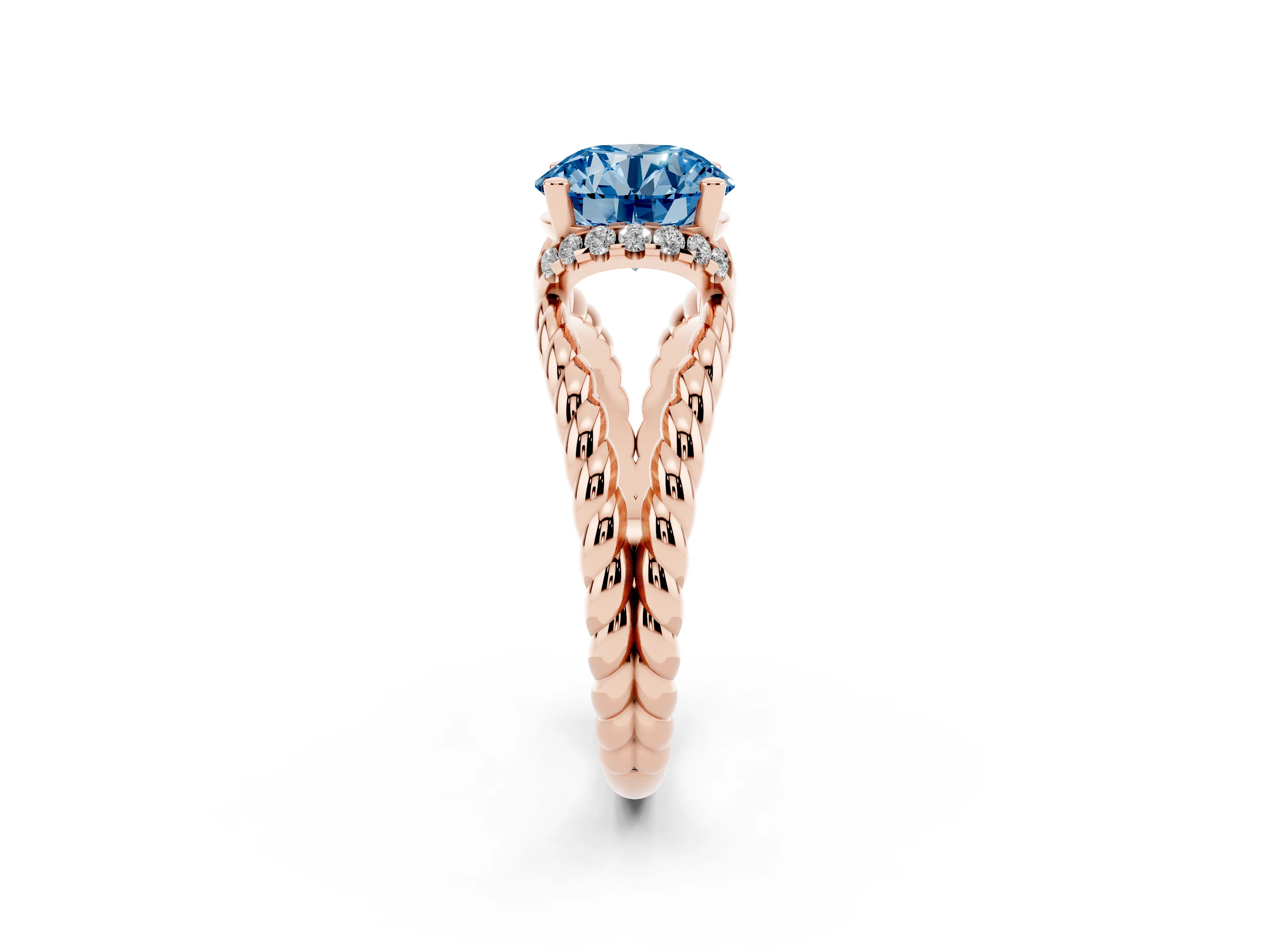 Fancy Blue Round Cut Diamond Halo Ring Set in Rose gold with Twisted Band and Prong Setting