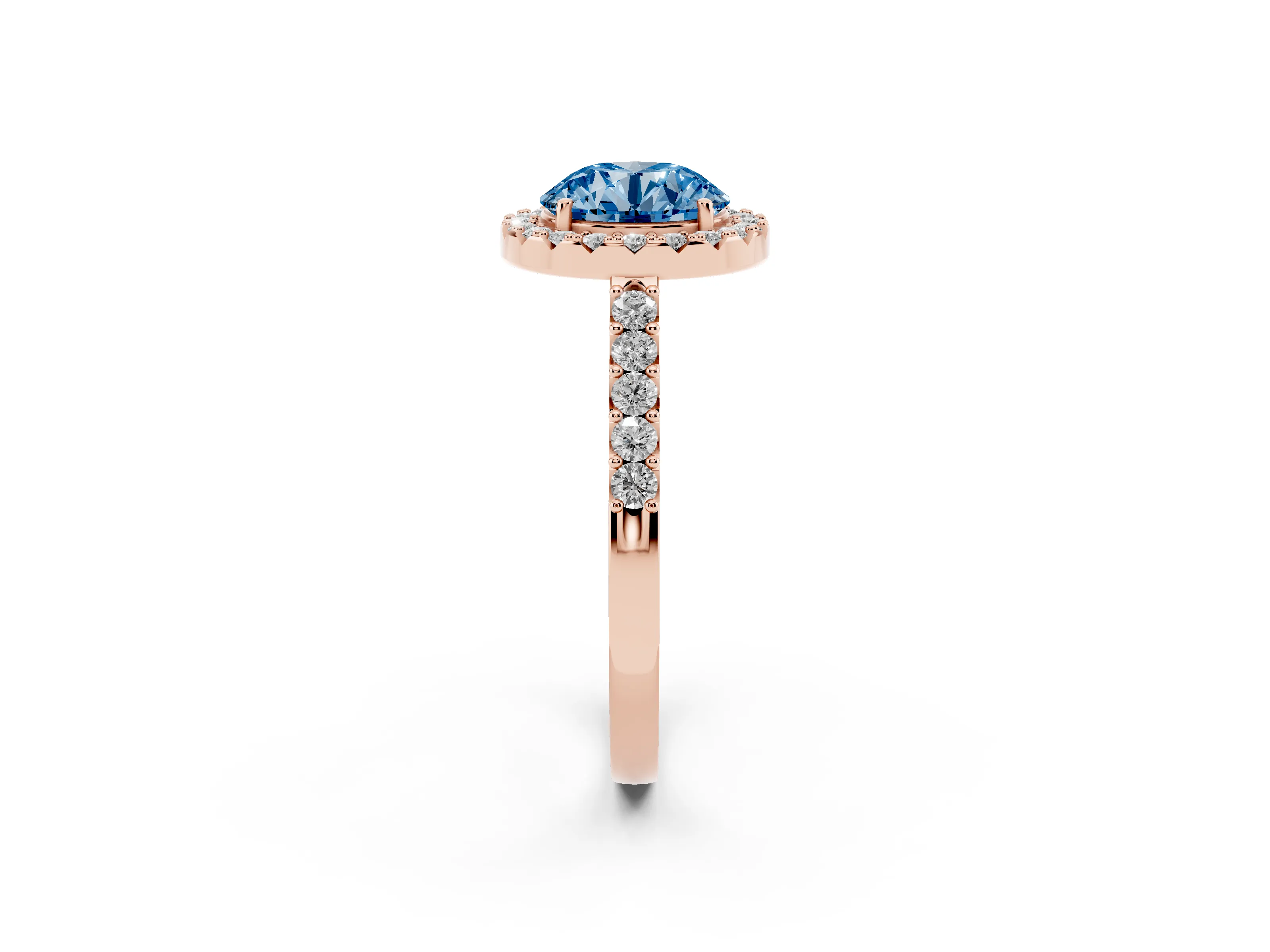 Fancy Blue Round Cut Diamond Halo Pavé Solitaire Ring Set in Rose gold with Prong-Set Center Stone
