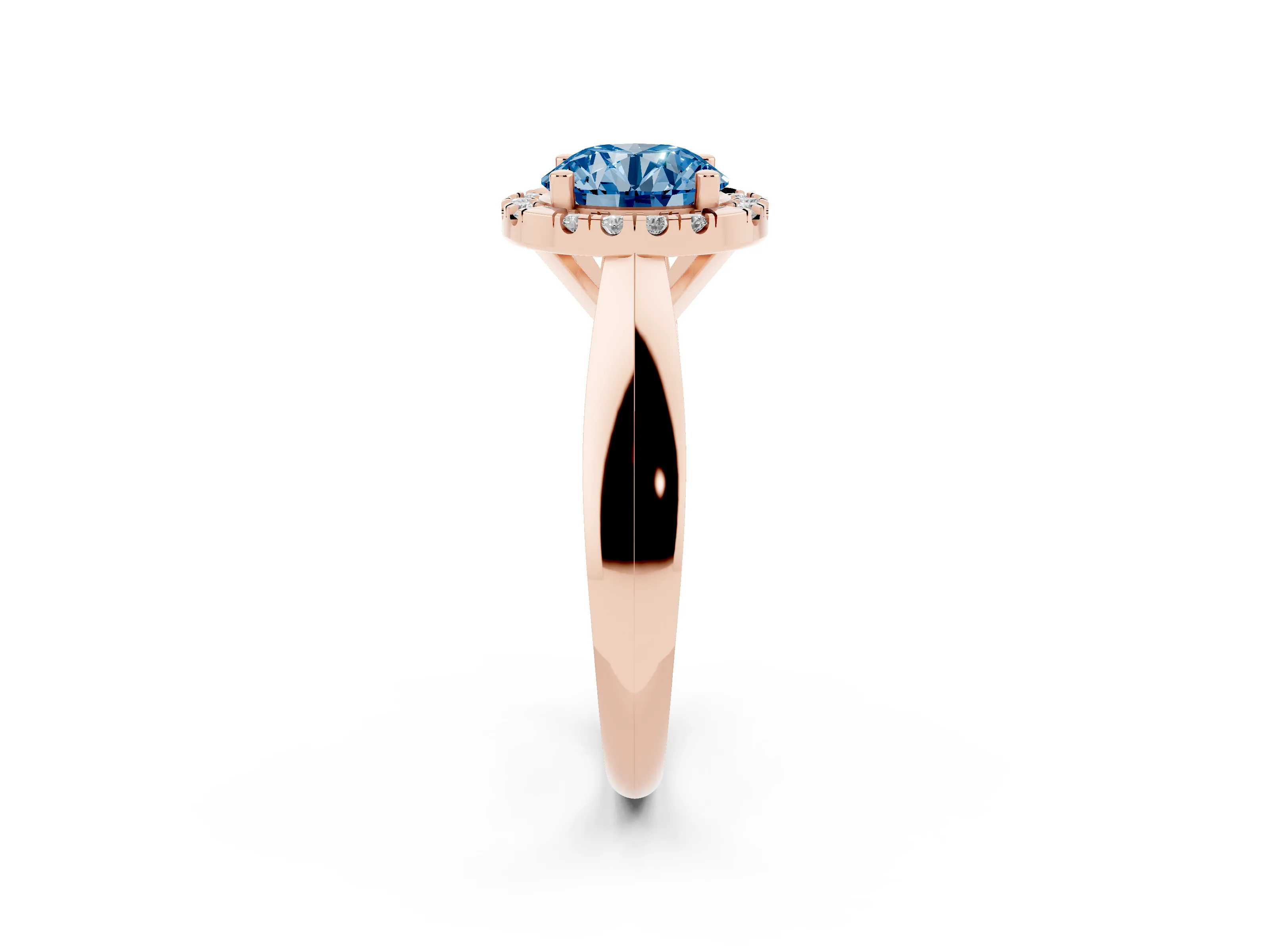 Fancy Blue Round Cut Diamond Halo Solitaire Engagement Ring Set in Rose gold with Square Band and Prong Setting