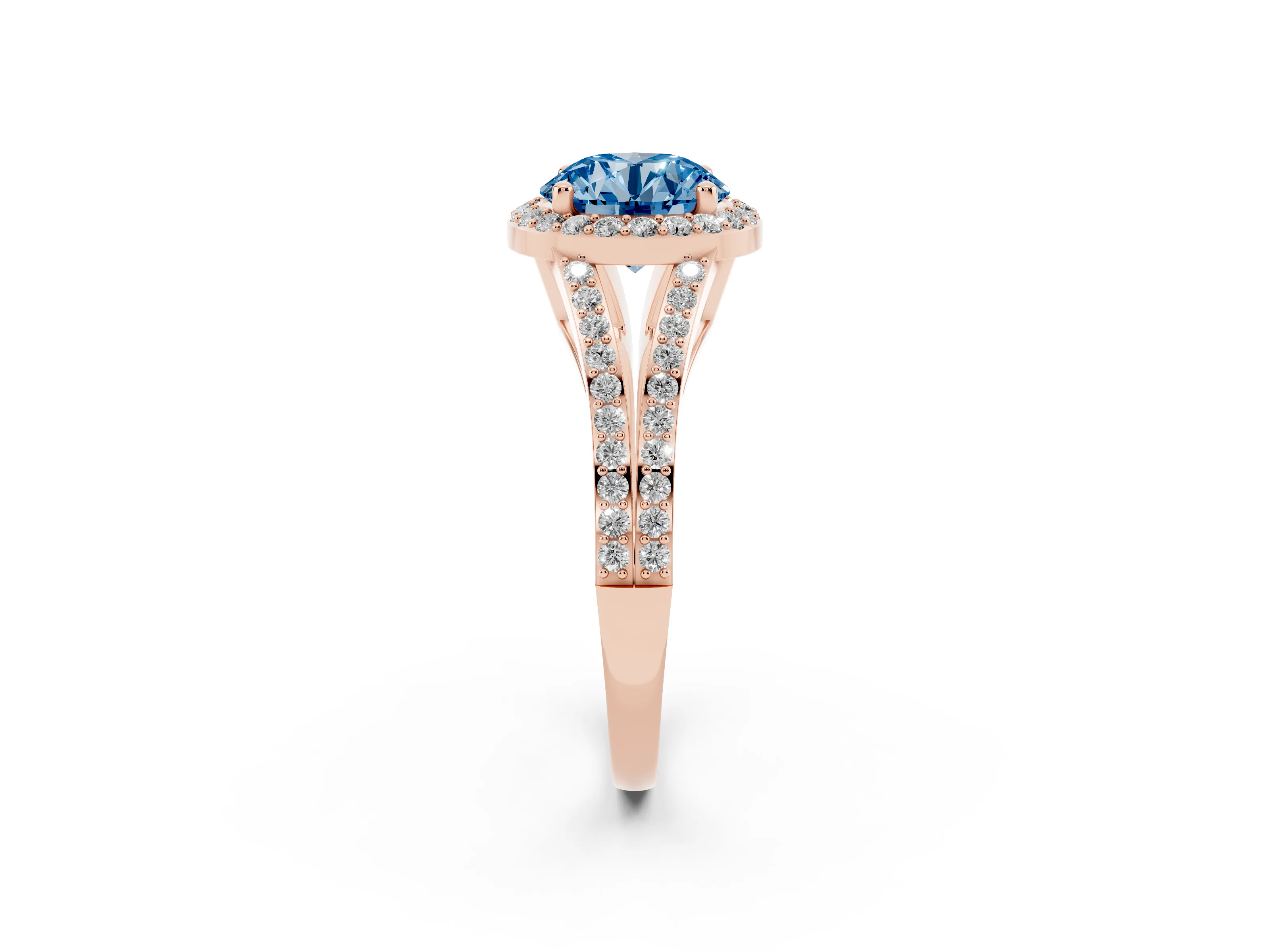 Fancy Blue Round Cut Diamond Halo Split Shank Pavé Ring Set in Rose gold with Prong Setting