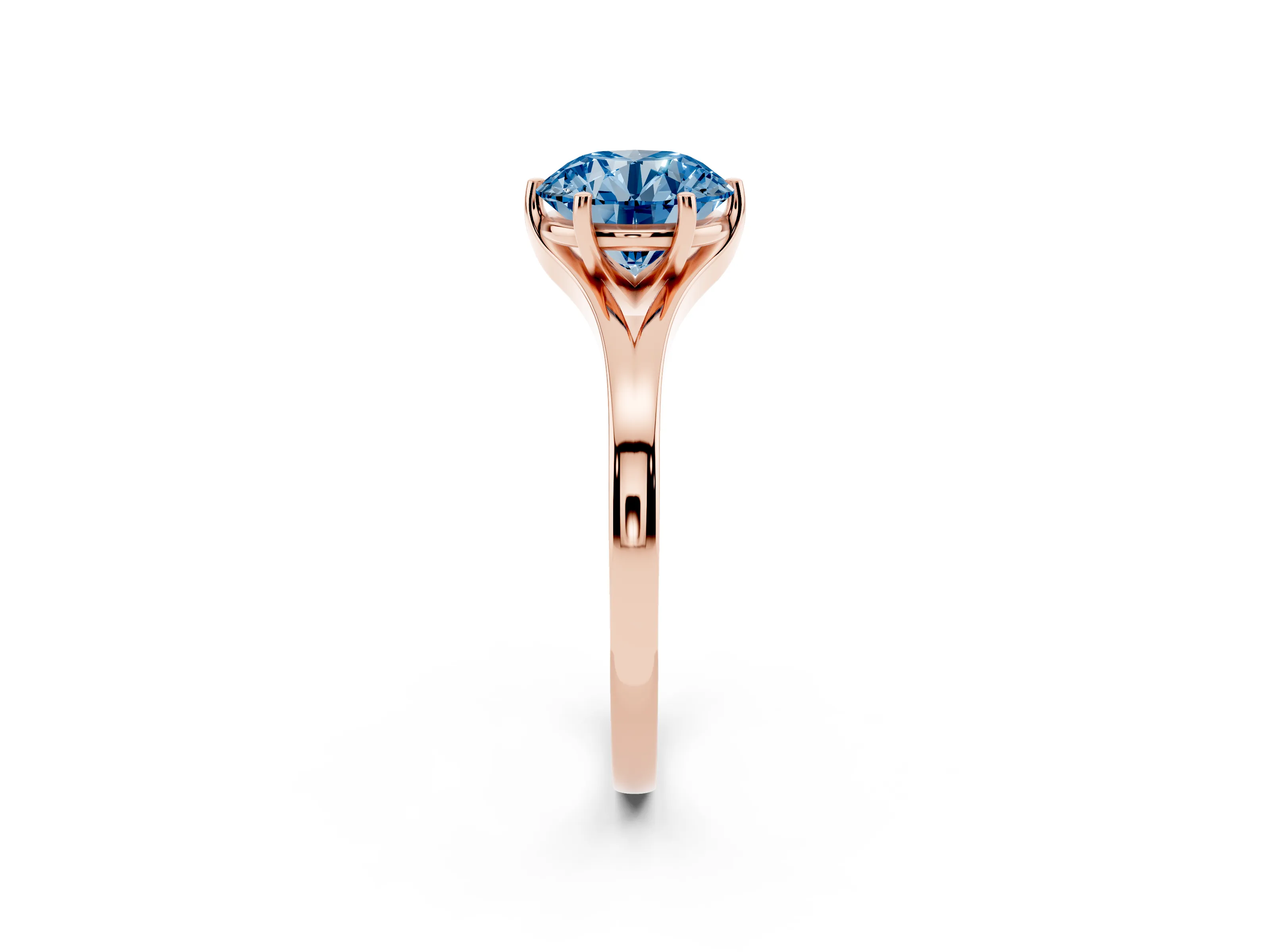 Fancy Blue Round Cut Diamond Solitaire Ring Set in Rose gold with Polished Tapered Band and Prong Setting