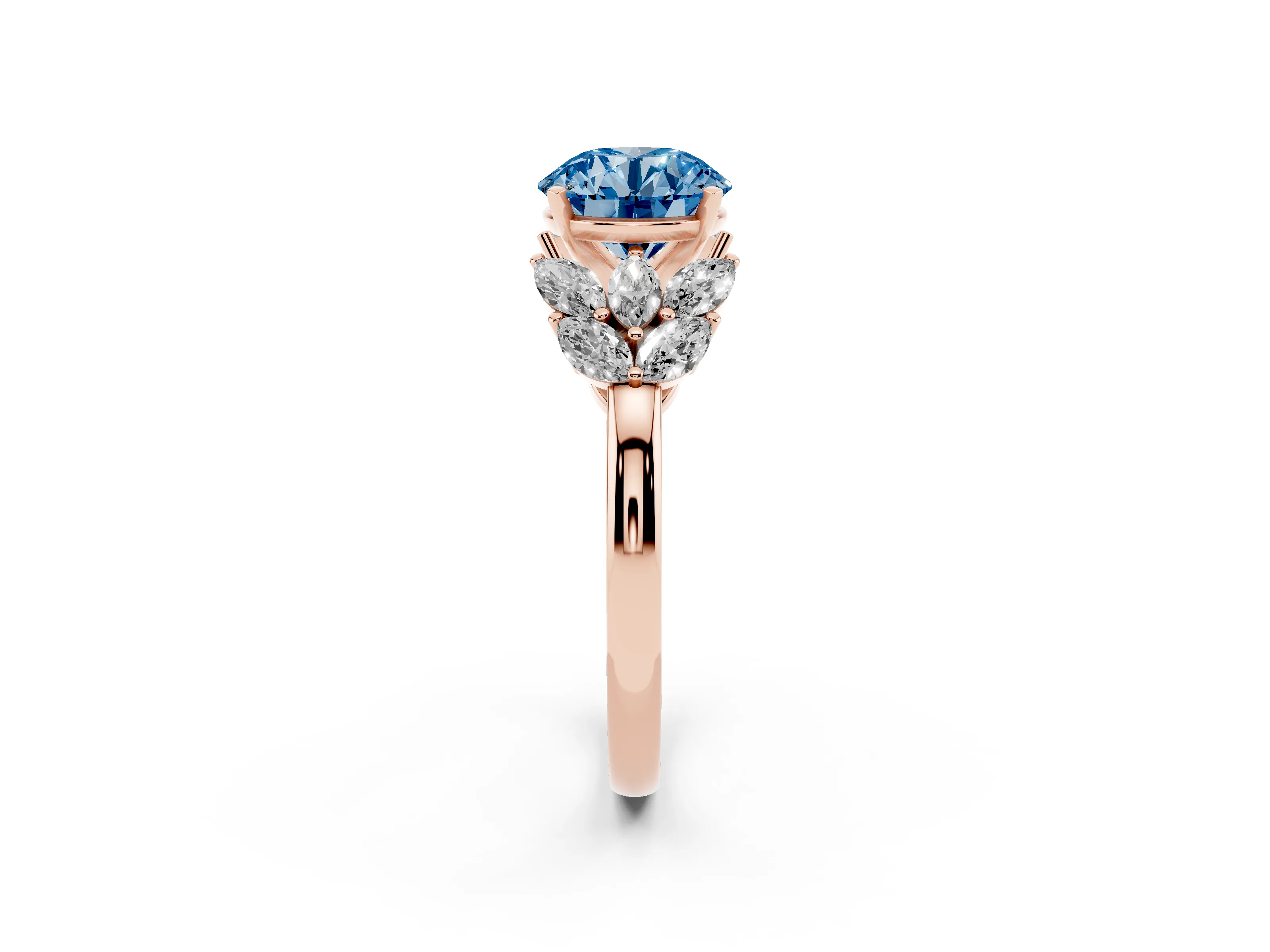 Fancy Blue Round Cut Diamond Cluster Leaf Design Ring Set in Rose gold with Prong Setting