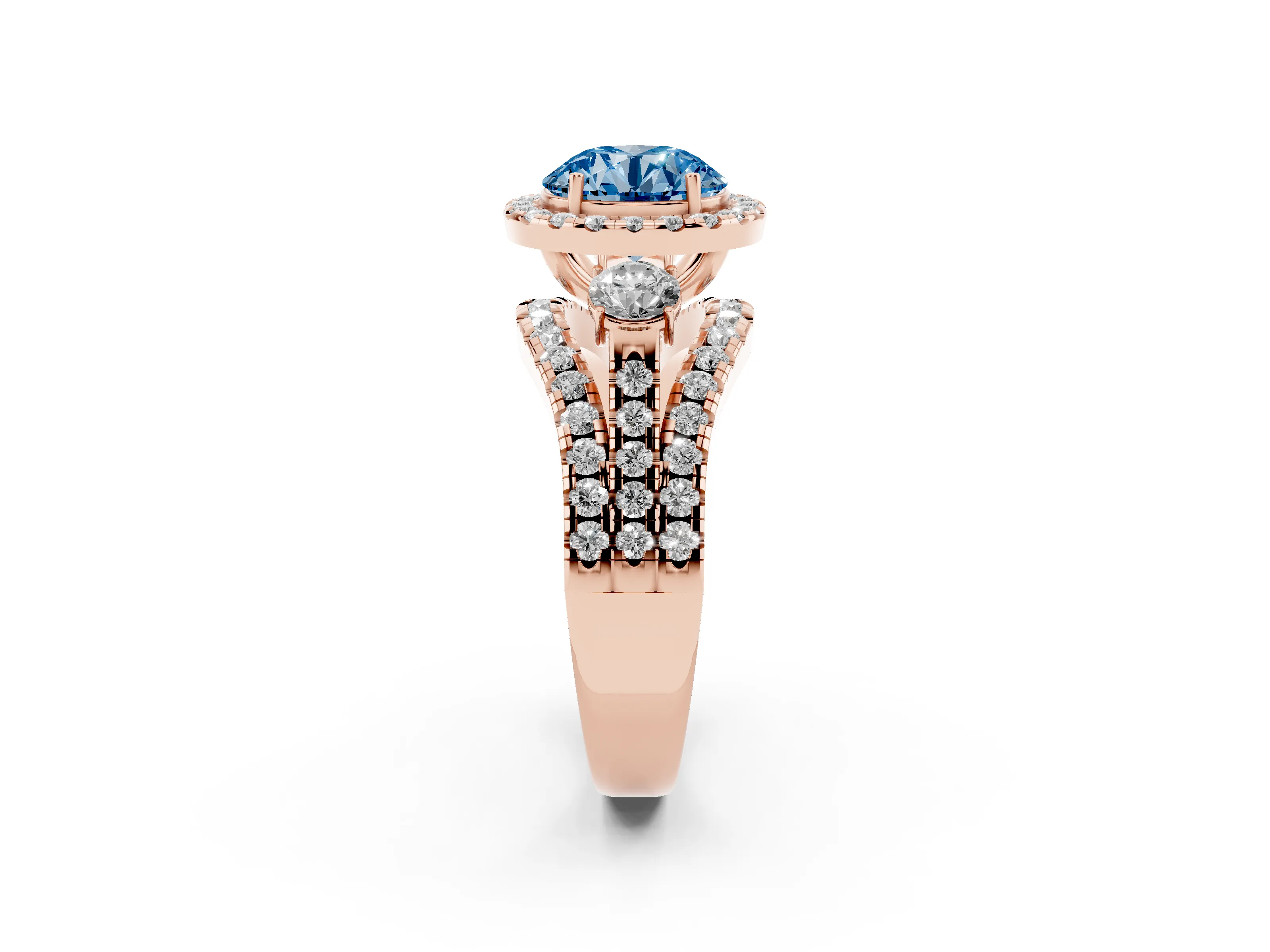 Fancy Blue Round Cut Diamond Halo Split Shank Ring Set in Rose gold with Round Accent Stones and Prong Setting