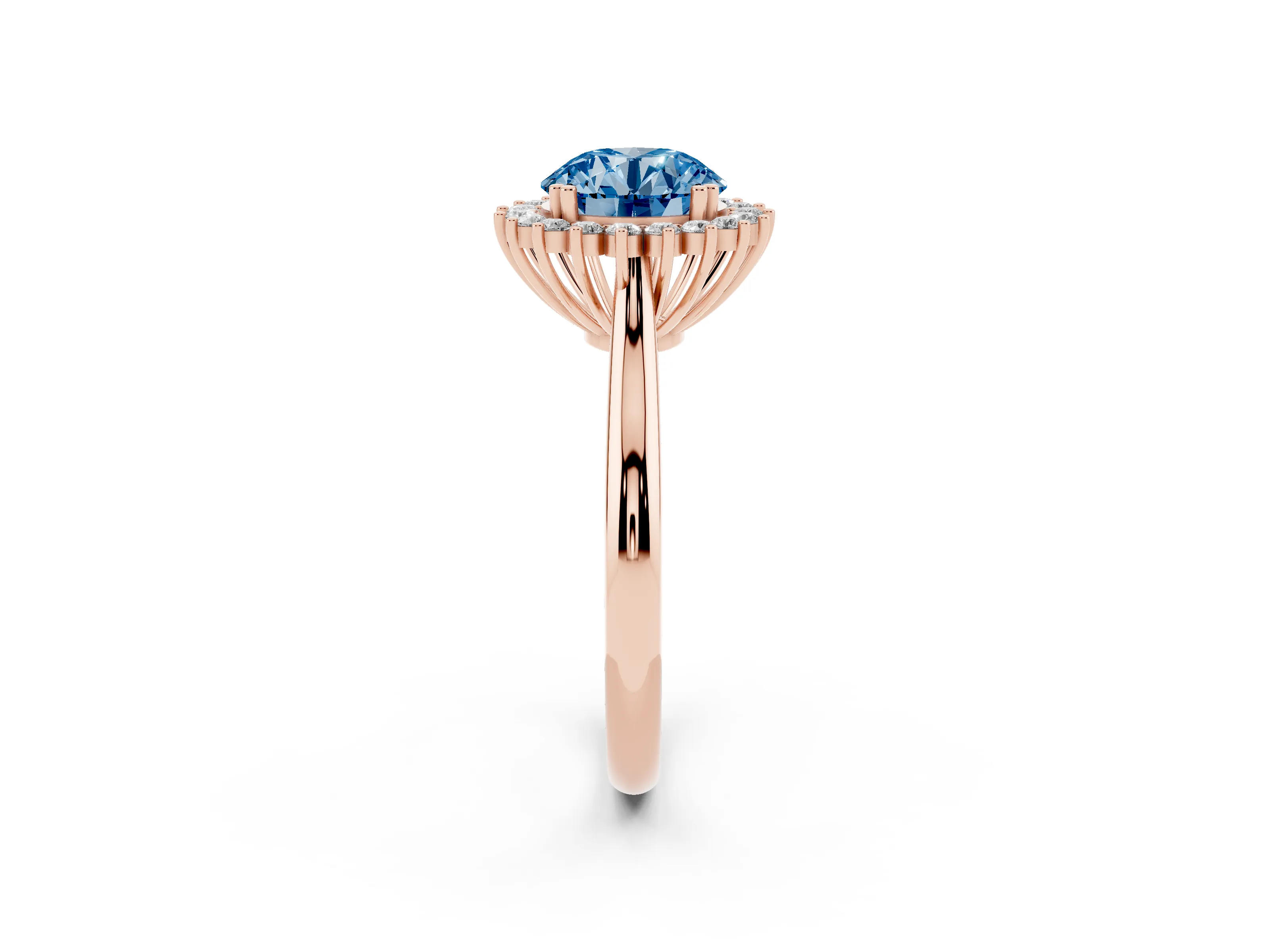 Fancy Blue Round Cut Diamond Halo Ring Set in Rose gold with Plain Solitaire Band and Prong Setting