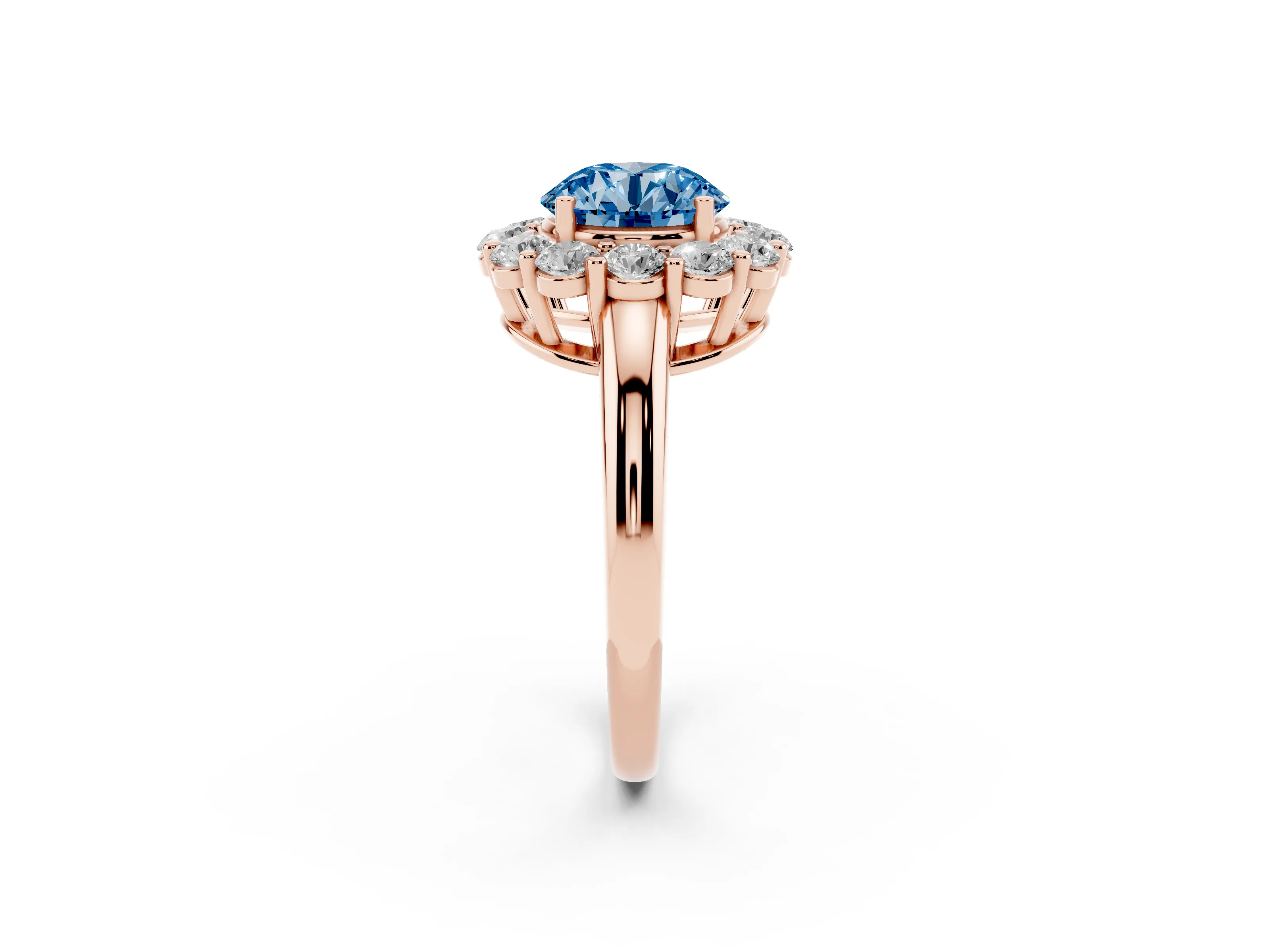 Fancy Blue Round Cut Diamond Halo Cluster Engagement Ring Set in Rose gold with Polished Band and Prong Setting