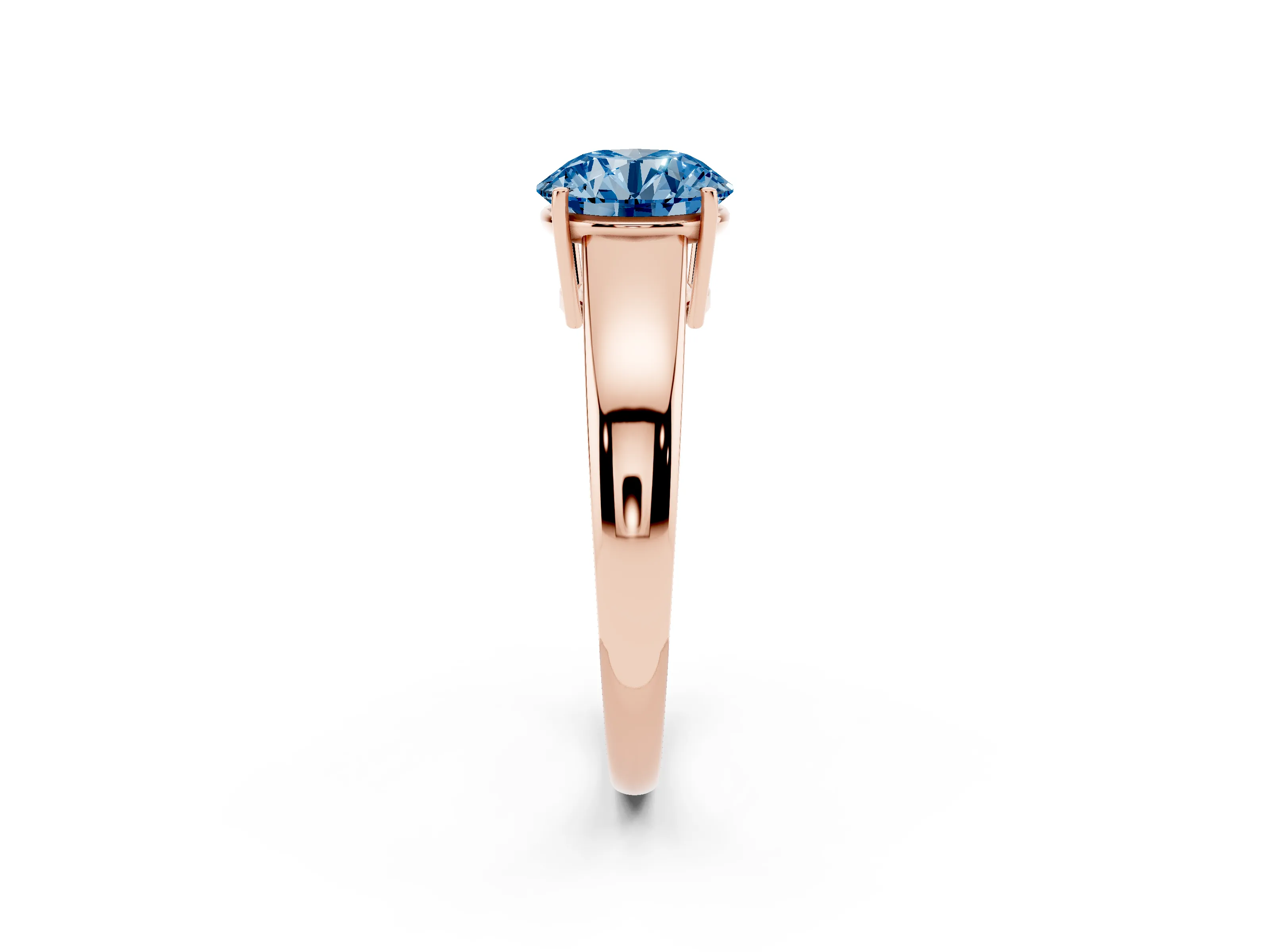 Fancy Blue Round Cut Diamond Solitaire Ring Set in Rose gold with Tapered Band and Prong Setting