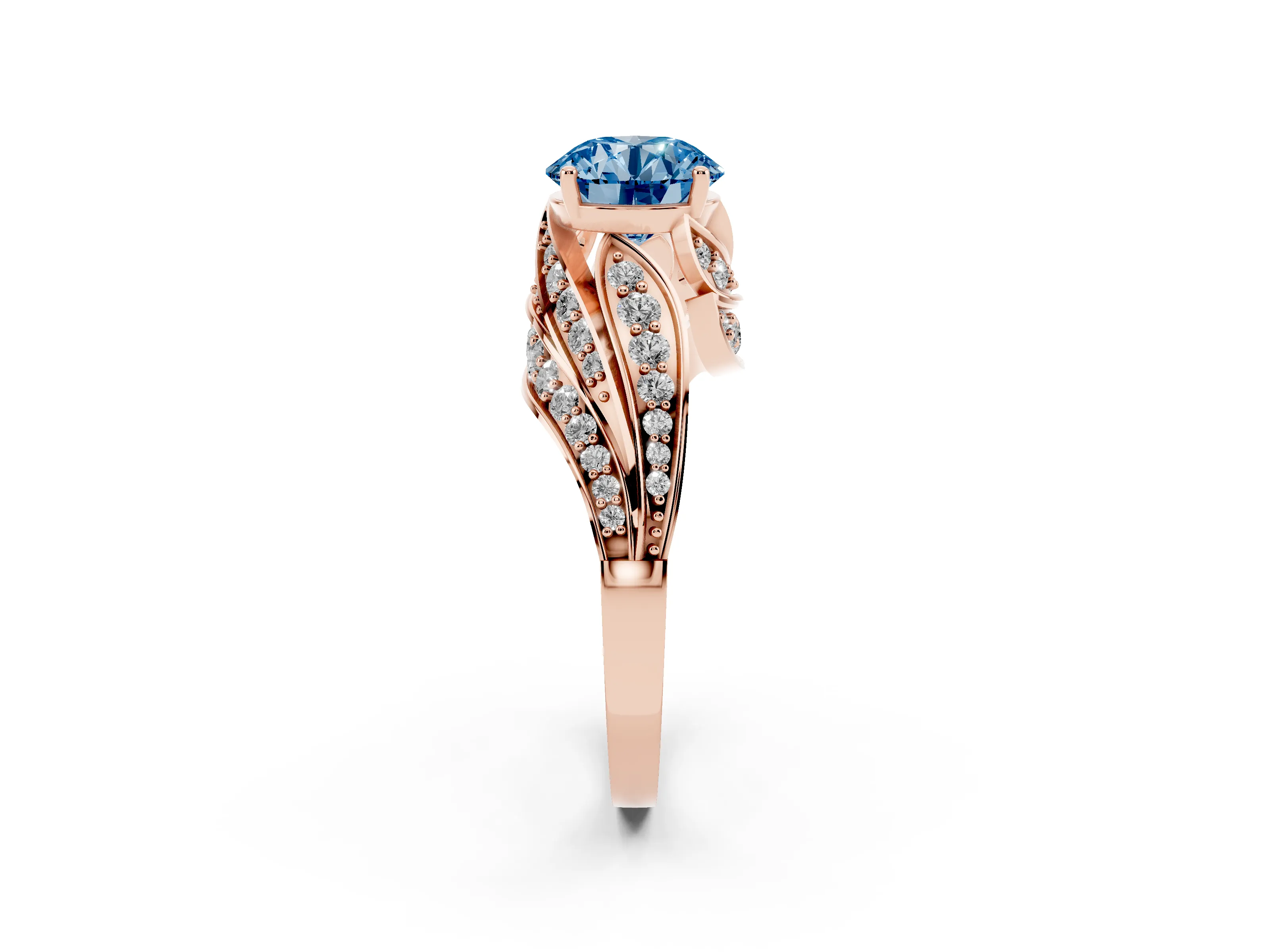Fancy Blue Round Cut Diamond Solitaire Ring Set in Rose gold with Layered Twist Pavé Band