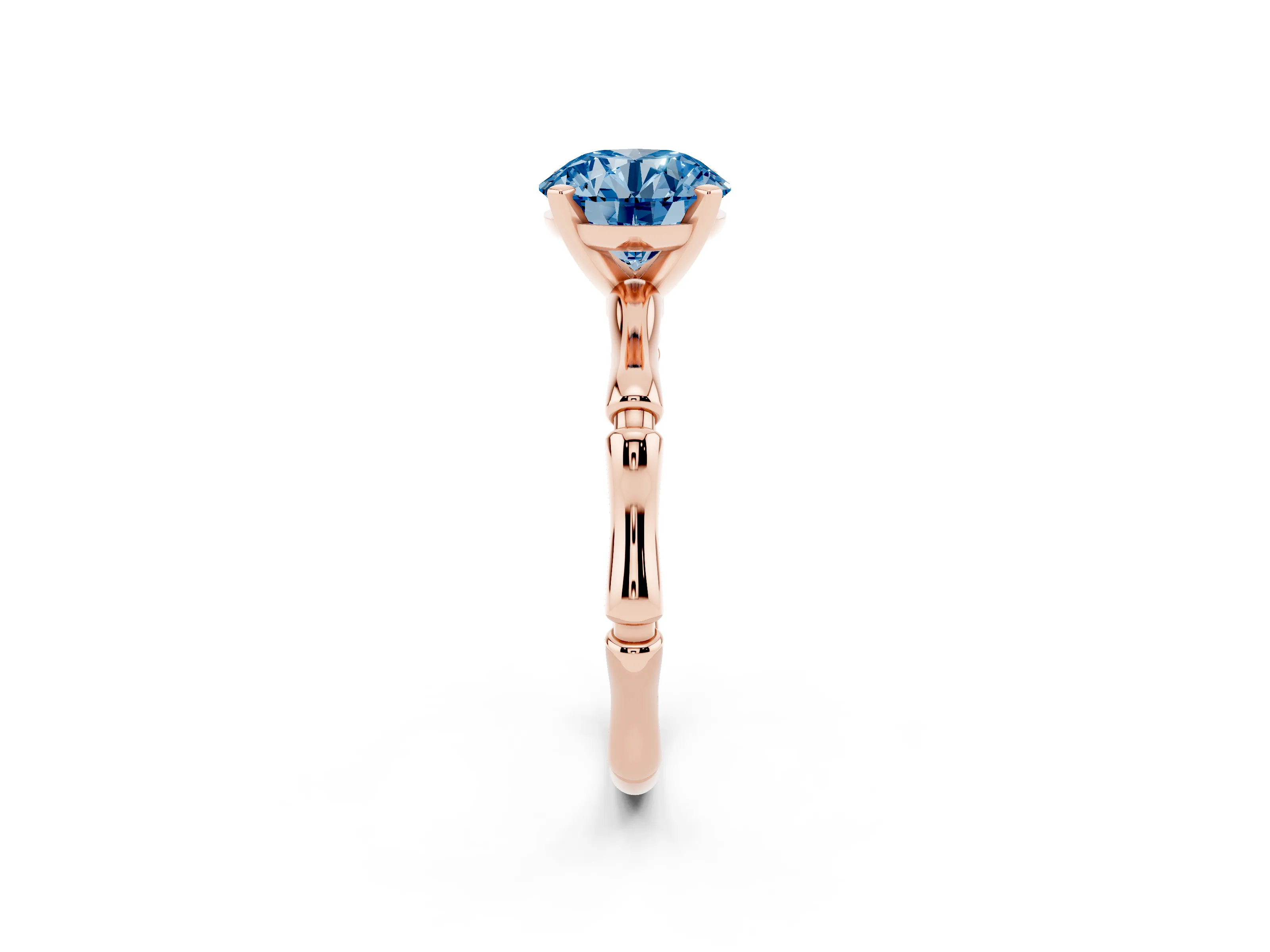 Fancy Blue Round Cut Diamond Solitaire Ring Set in Rose gold with Bamboo Band and Prong Setting