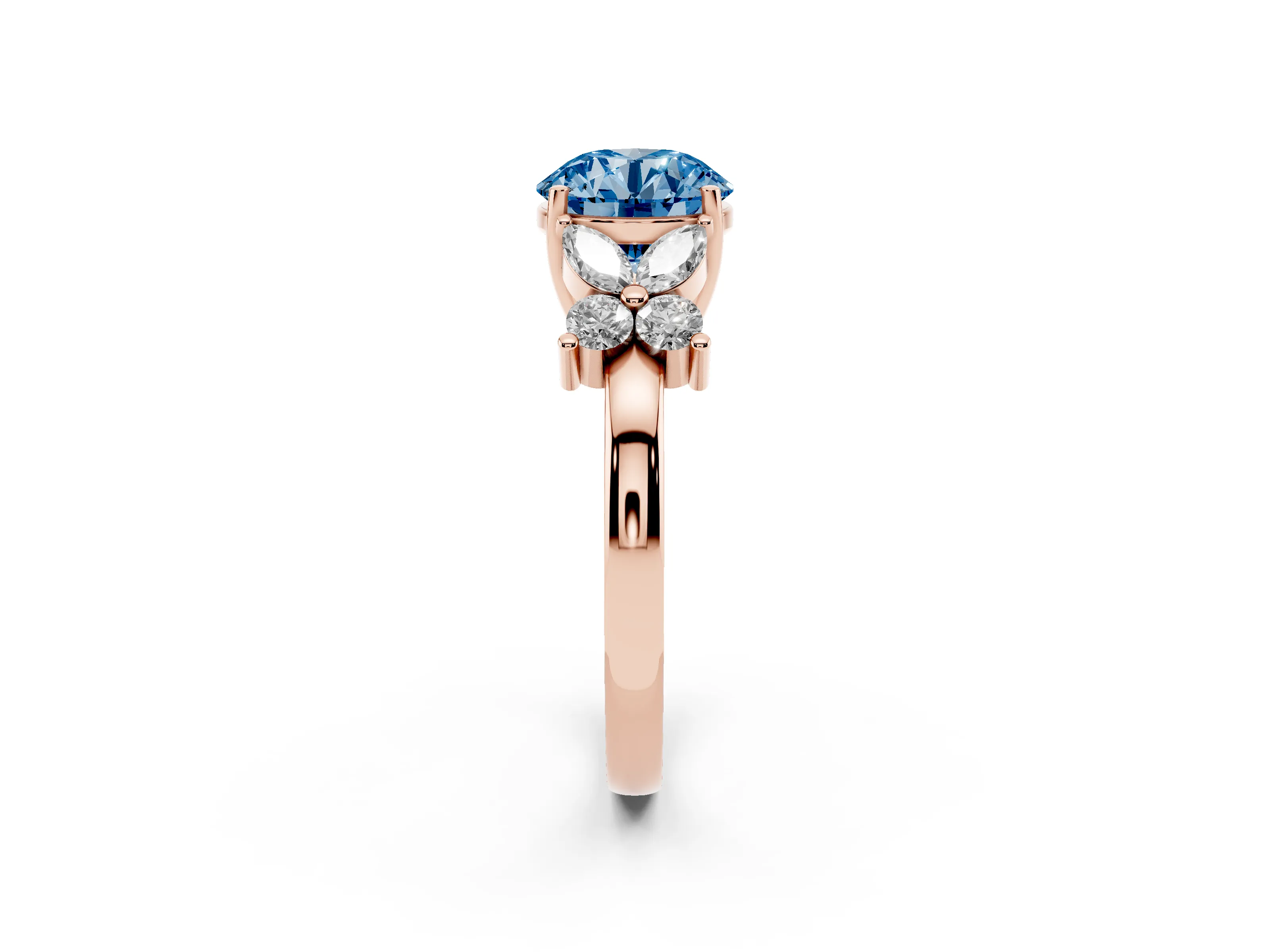Fancy Blue Round Cut Diamond Floral Cluster Ring Set in Rose gold with Marquise Petals and Prong Setting