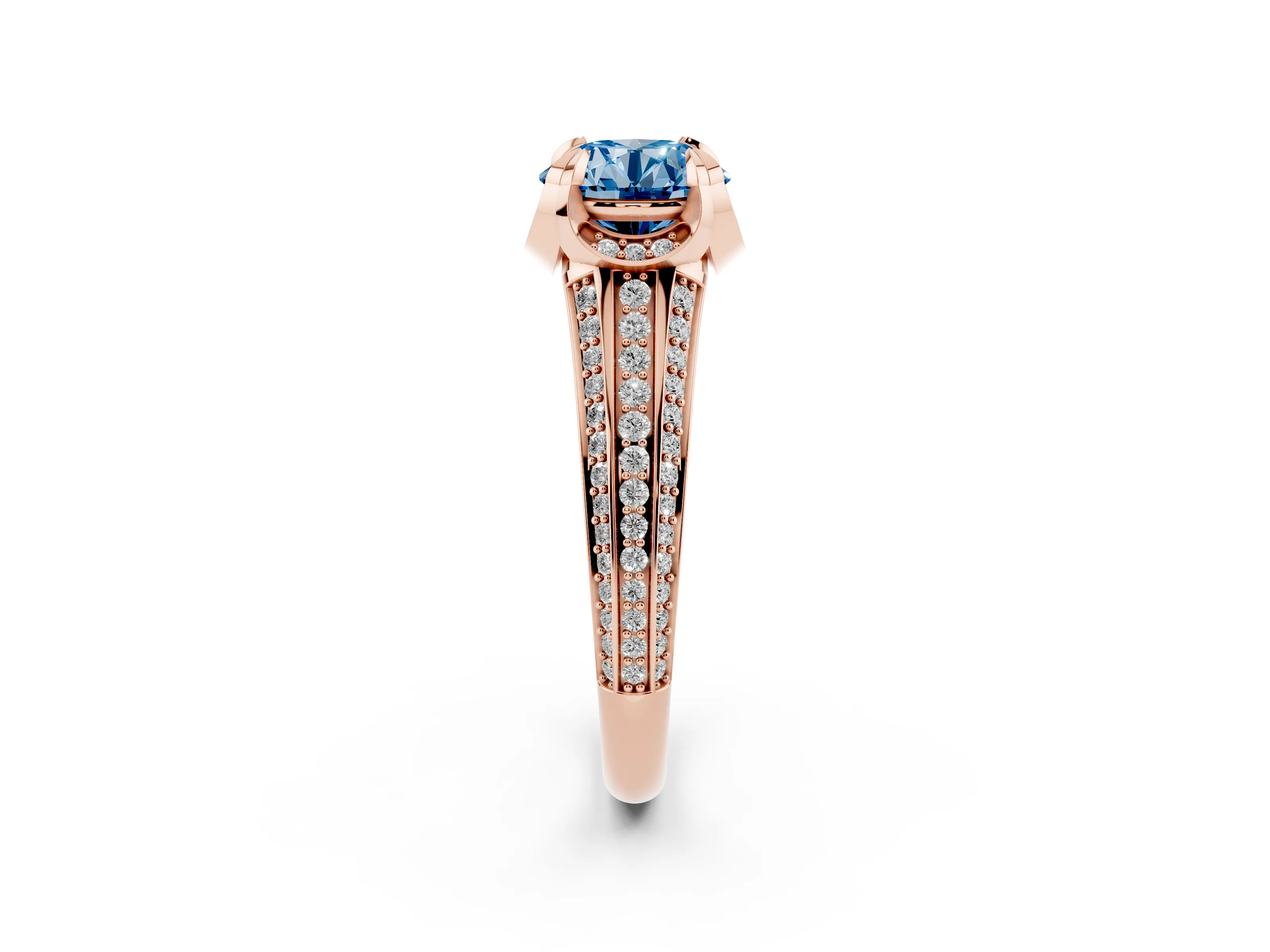 Fancy Blue Round Cut Diamond Pavé Split Shank Solitaire Ring Set in Rose gold with Prong Setting