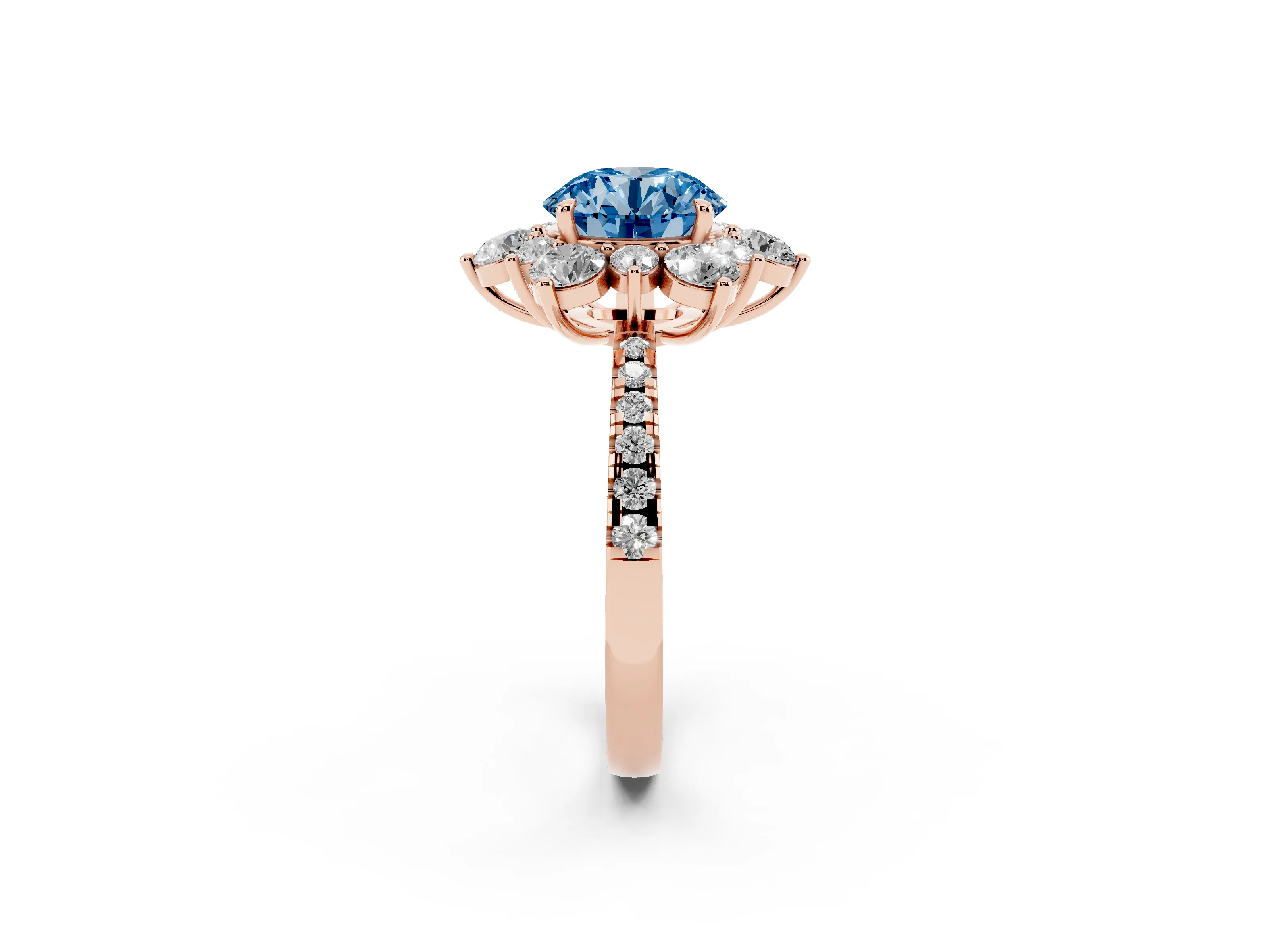 Fancy Blue Round Cut Diamond Floral Halo Ring Set in Rose gold with Round Pavé Band and Prong Setting