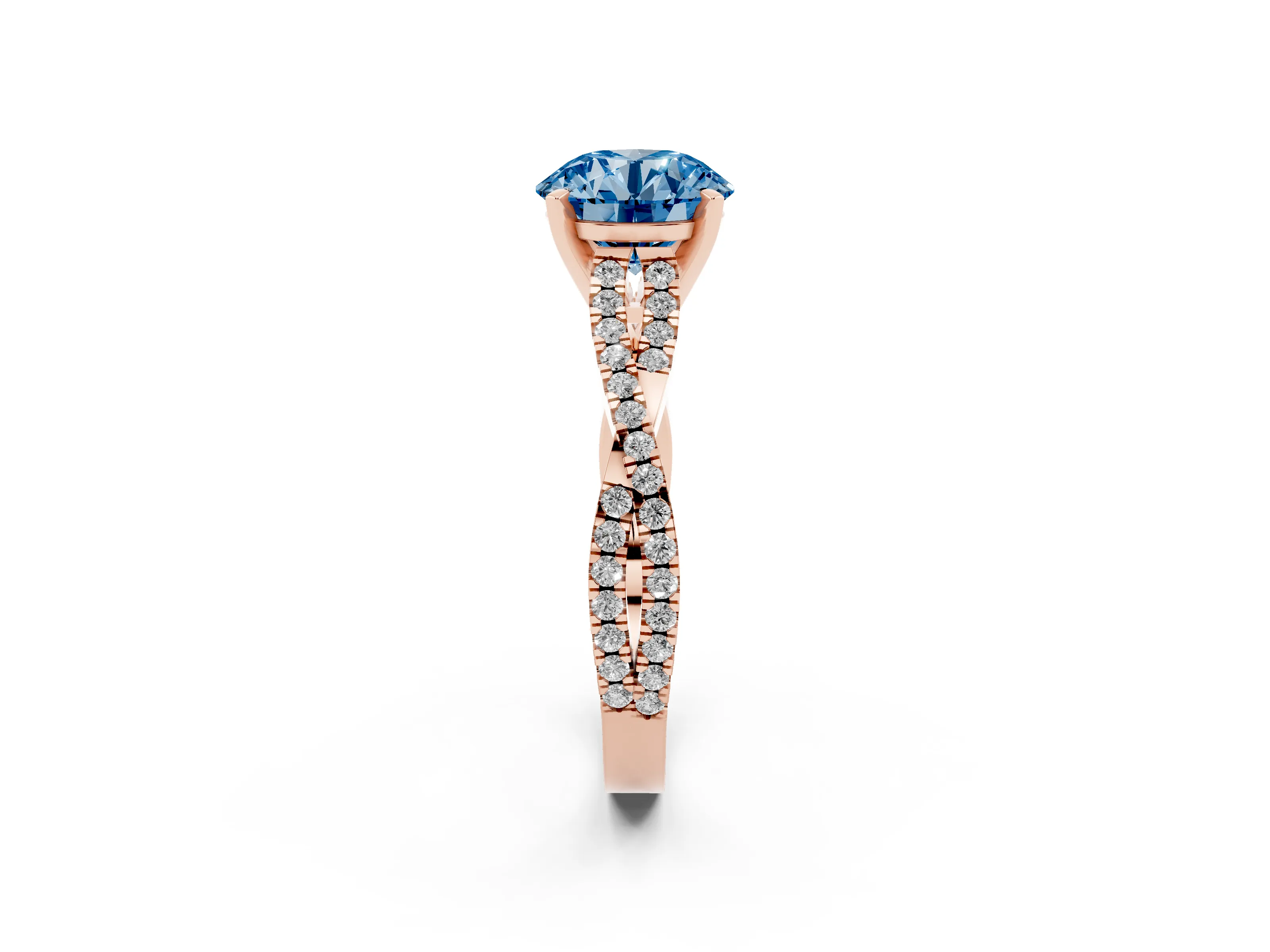 Fancy Blue Round Cut Diamond Solitaire Engagement Ring Set in Rose gold with Twisted Pavé Band and Prong Setting
