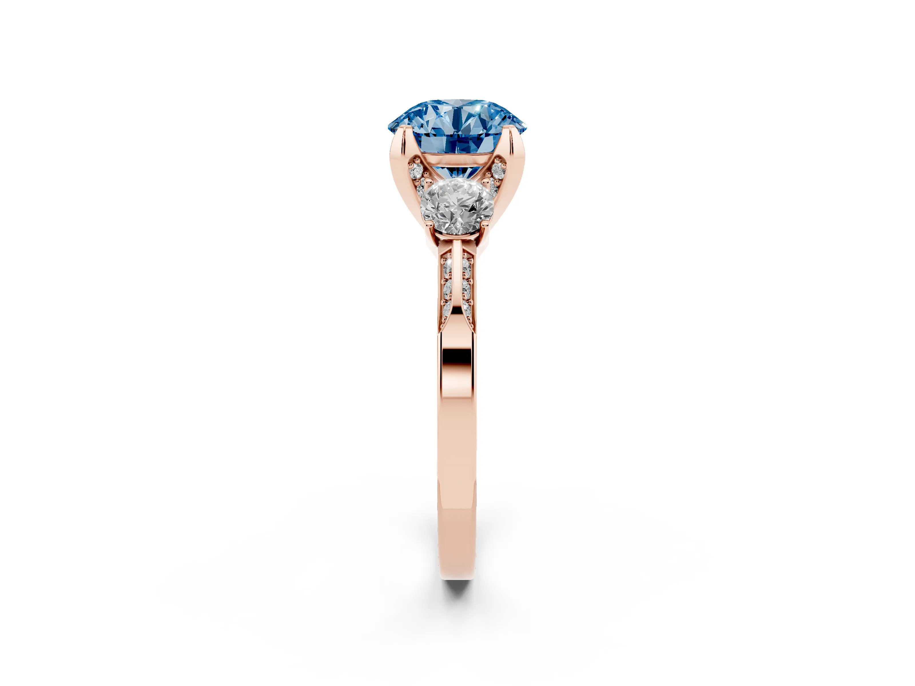 Fancy Blue Round Cut Diamond Three-Stone Ring Set in Rose gold with Pavé Band and Smaller Side Stones