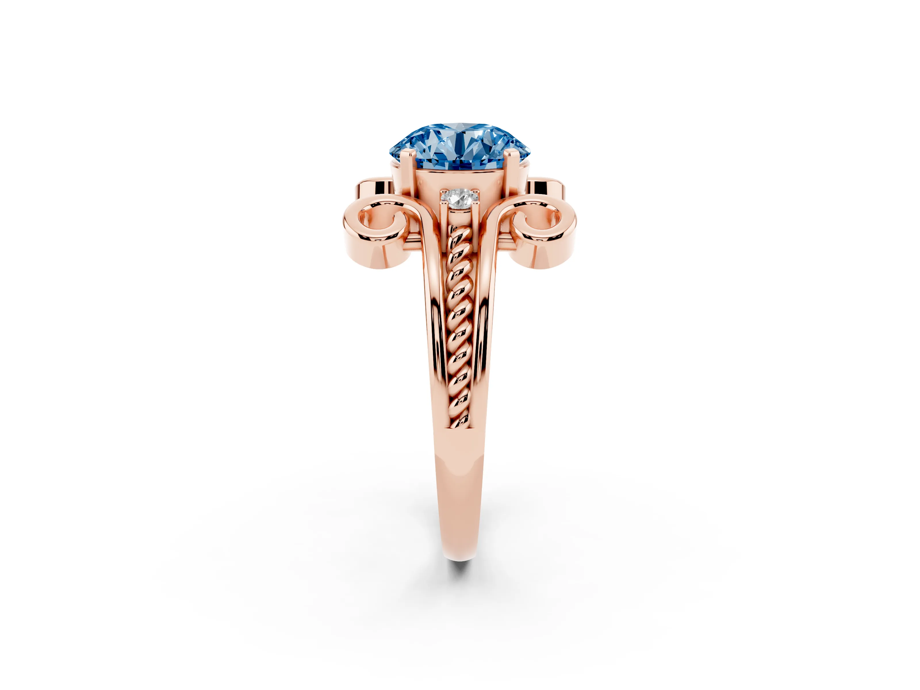 Fancy Blue Round Cut Diamond Twisted Band Solitaire Ring Set in Rose gold with Scroll Prongs