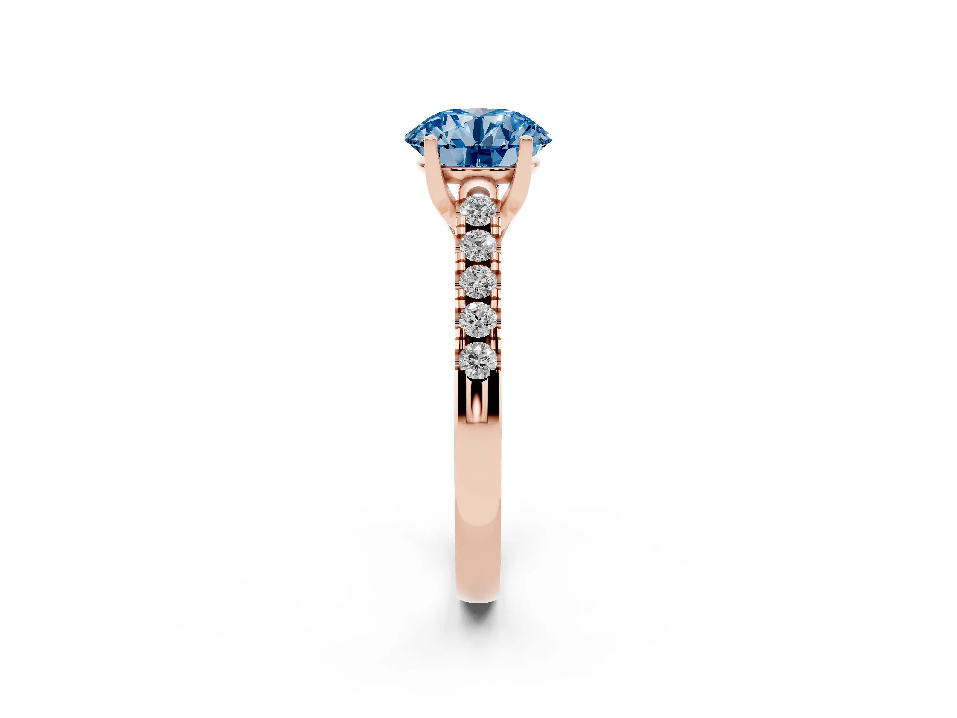 Fancy Blue Round Cut Diamond Pavé Band Solitaire Ring Set in Rose gold with Partway Accent Stones and Prong Setting
