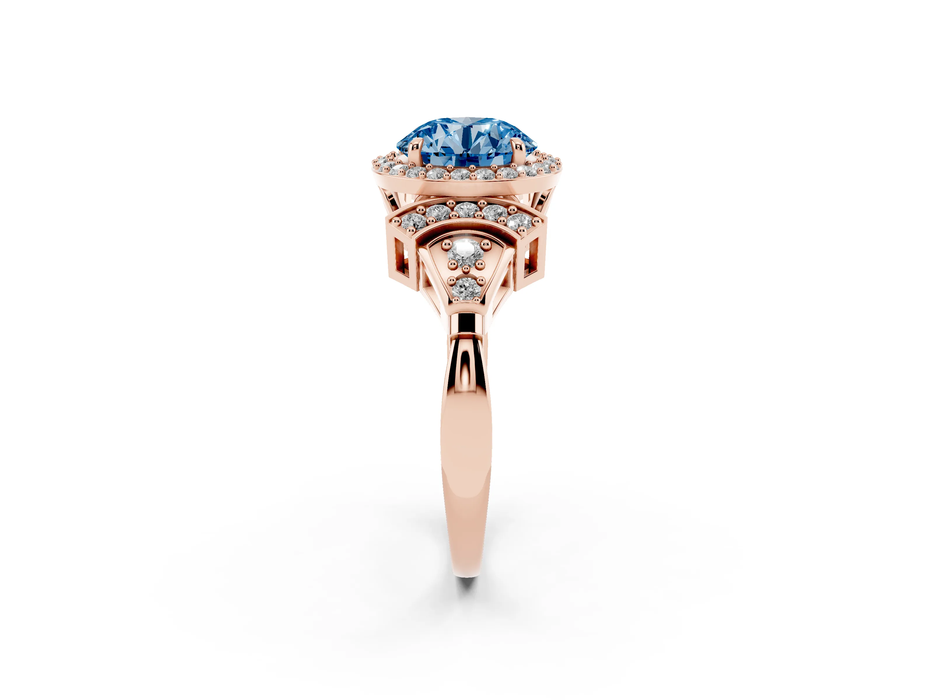 Fancy Blue Round Cut Diamond Halo Engagement Ring Set in Rose gold with Accent Stone Split Shank