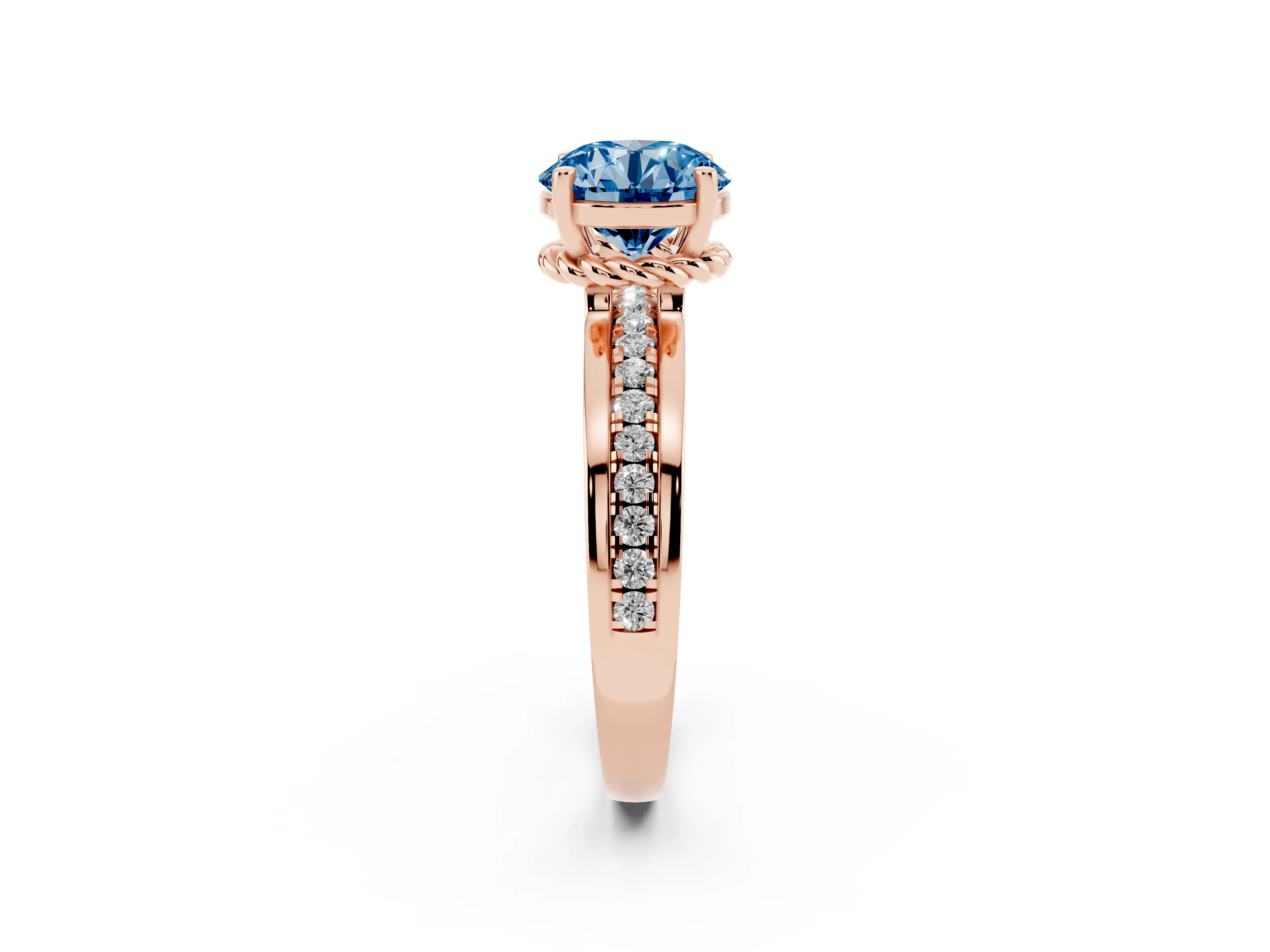 Fancy Blue Round Cut Diamond Solitaire Ring Set in Rose gold with Channel Set Band and Prong Setting