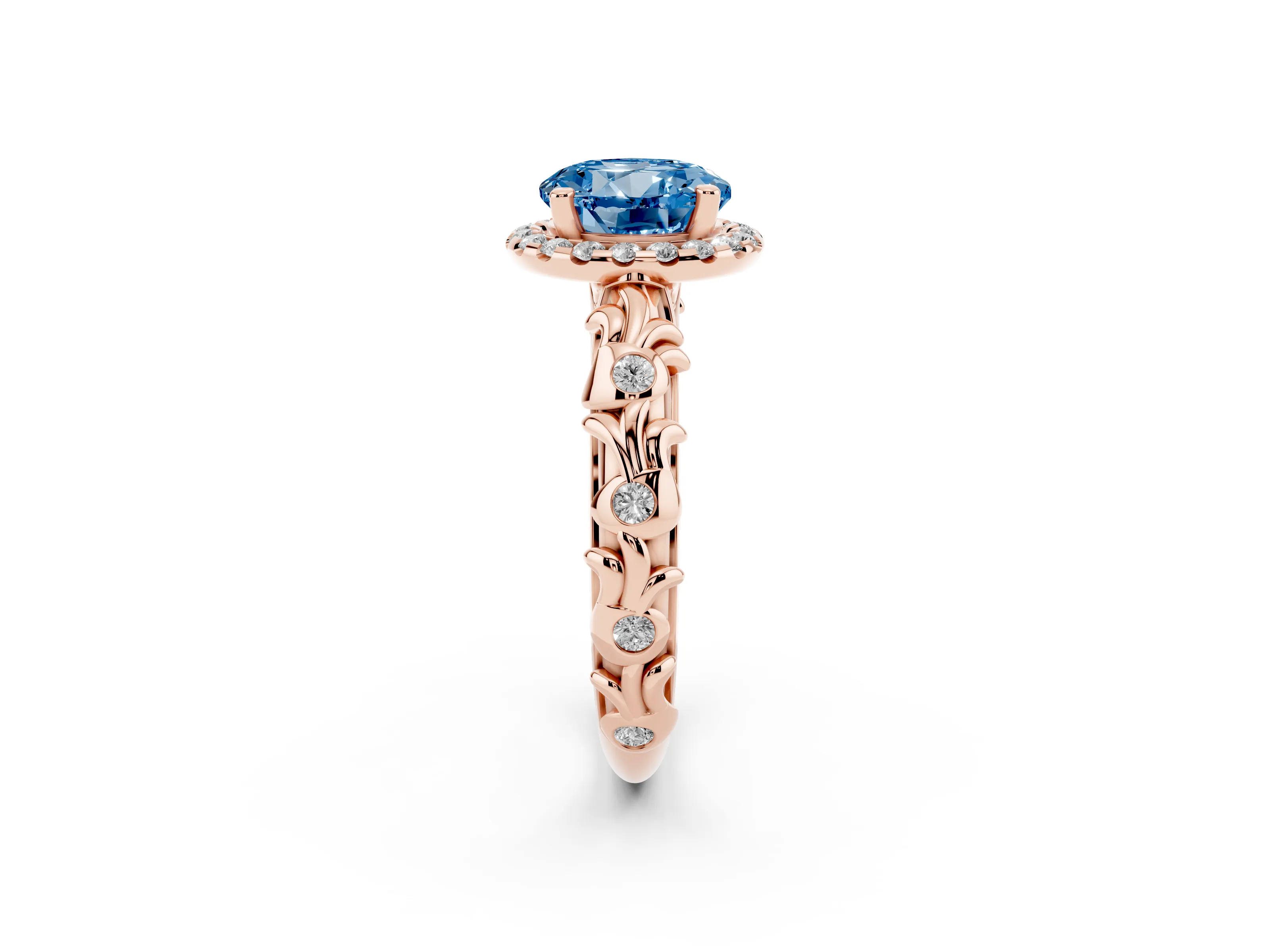 Fancy Blue Round Cut Diamond Halo Ring Set in Rose gold with Filigree Leaf Band and Prong Setting