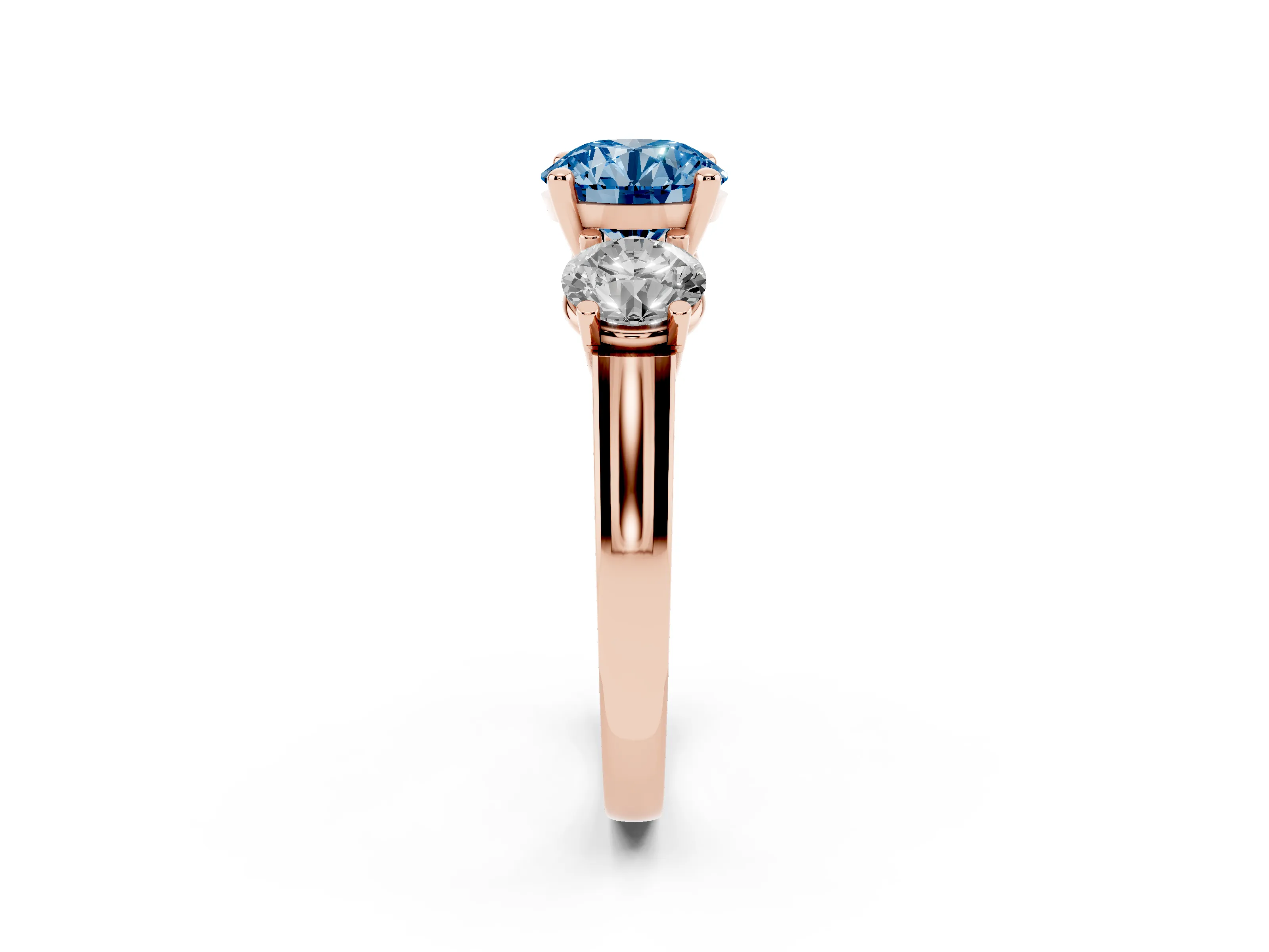 Fancy Blue Round Cut Diamond Three-Stone Trellis Ring Set in Rose gold with Comfort Fit Band