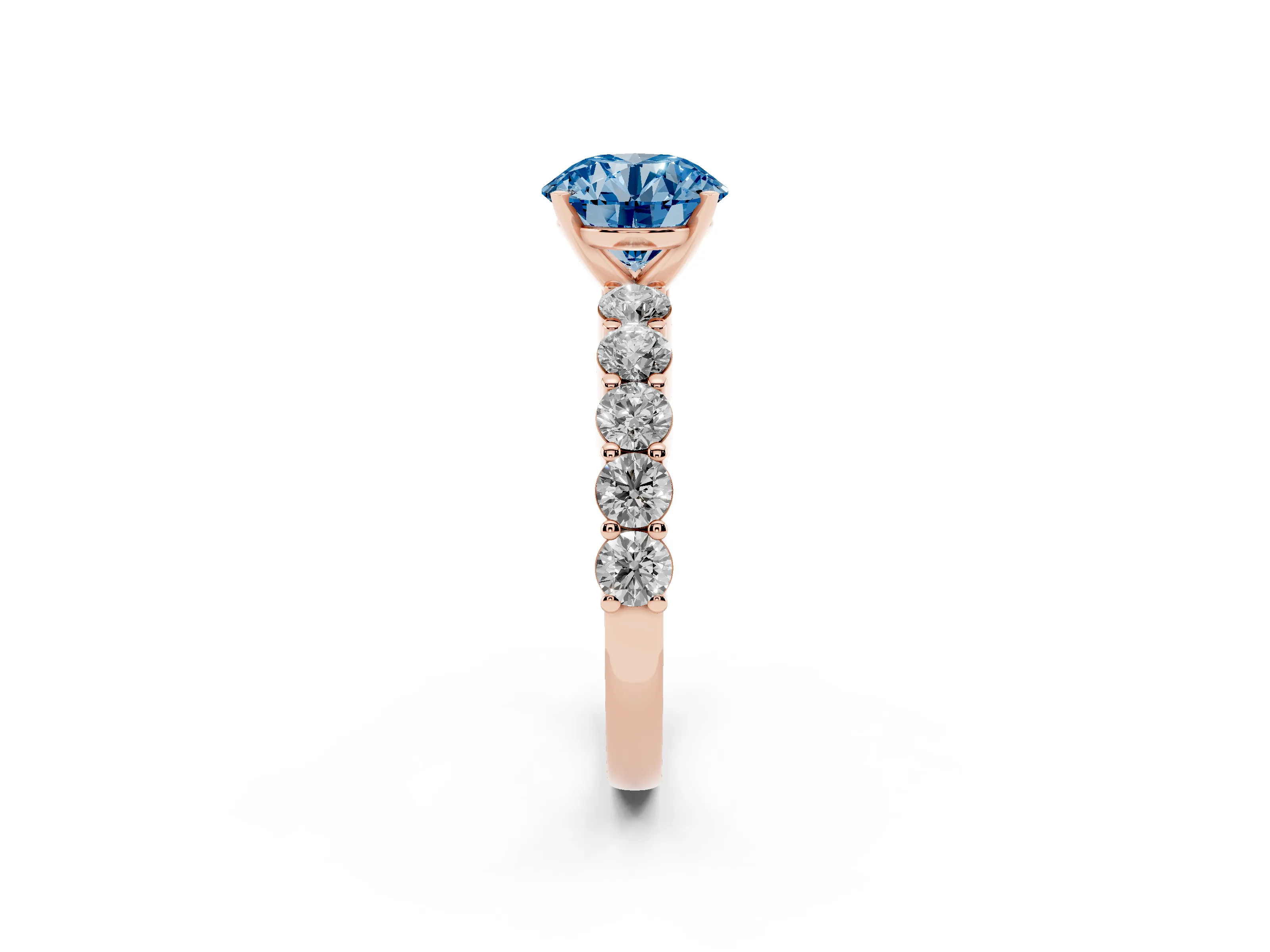 Fancy Blue Round Cut Diamond Solitaire Ring Set in Rose gold with Shared Prong Round Side Stones