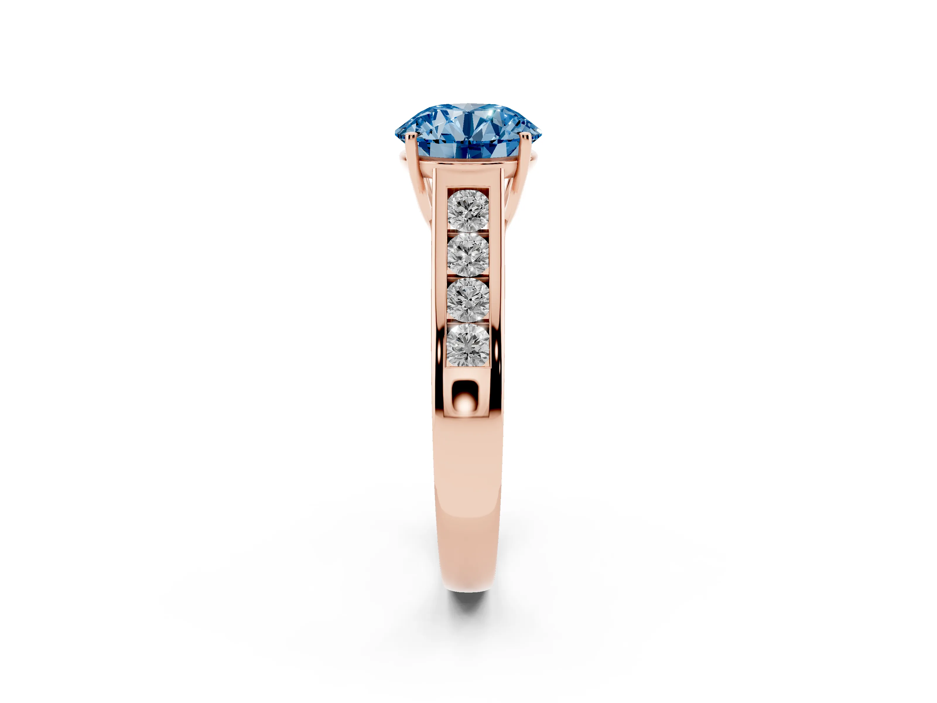 Fancy Blue Round Cut Diamond Solitaire Channel-Set Engagement Ring Set in Rose gold with Prong Setting