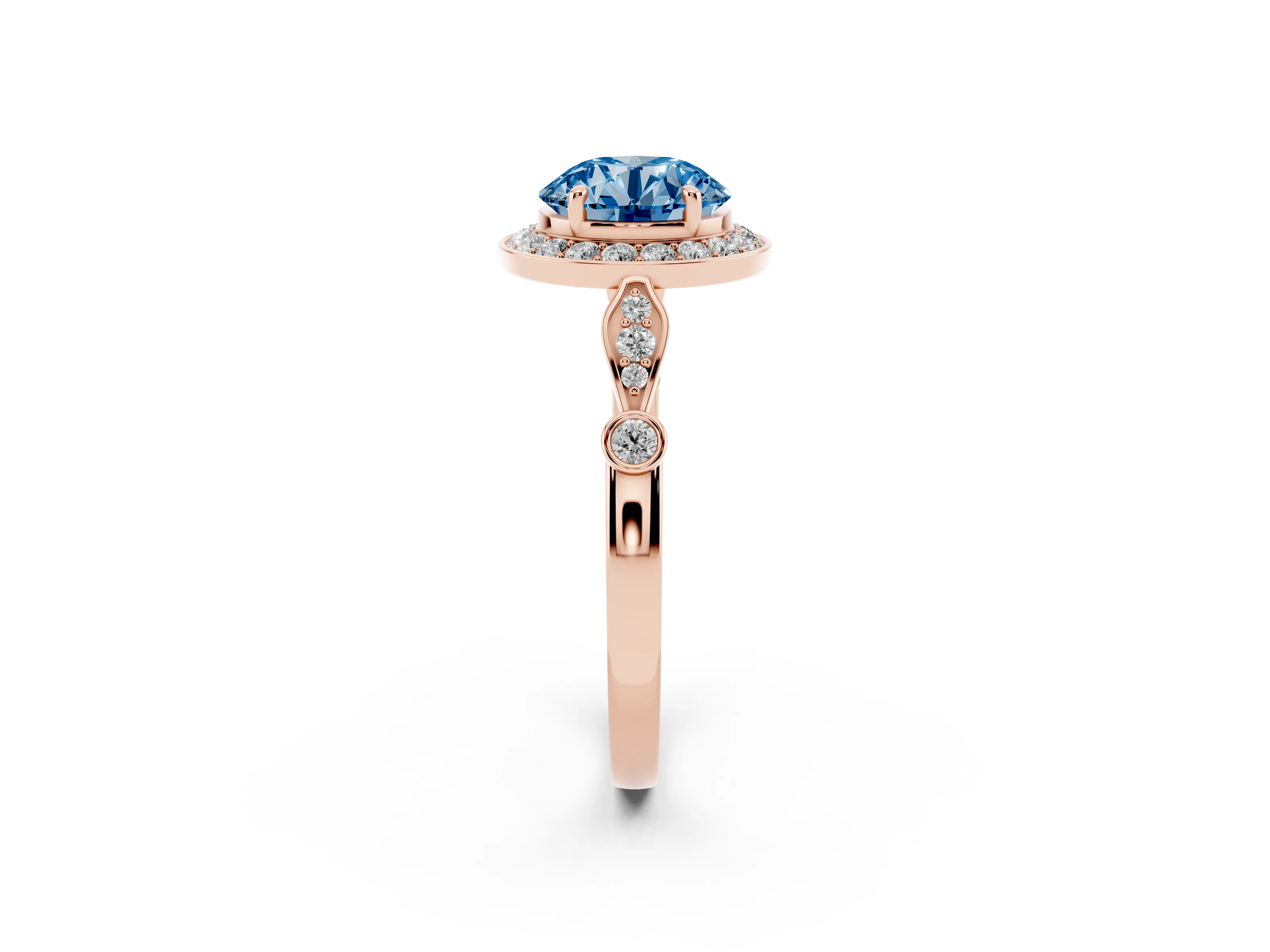 Fancy Blue Round Cut Diamond Halo Engagement Ring Set in Rose gold with Twisted Band and Prong Setting