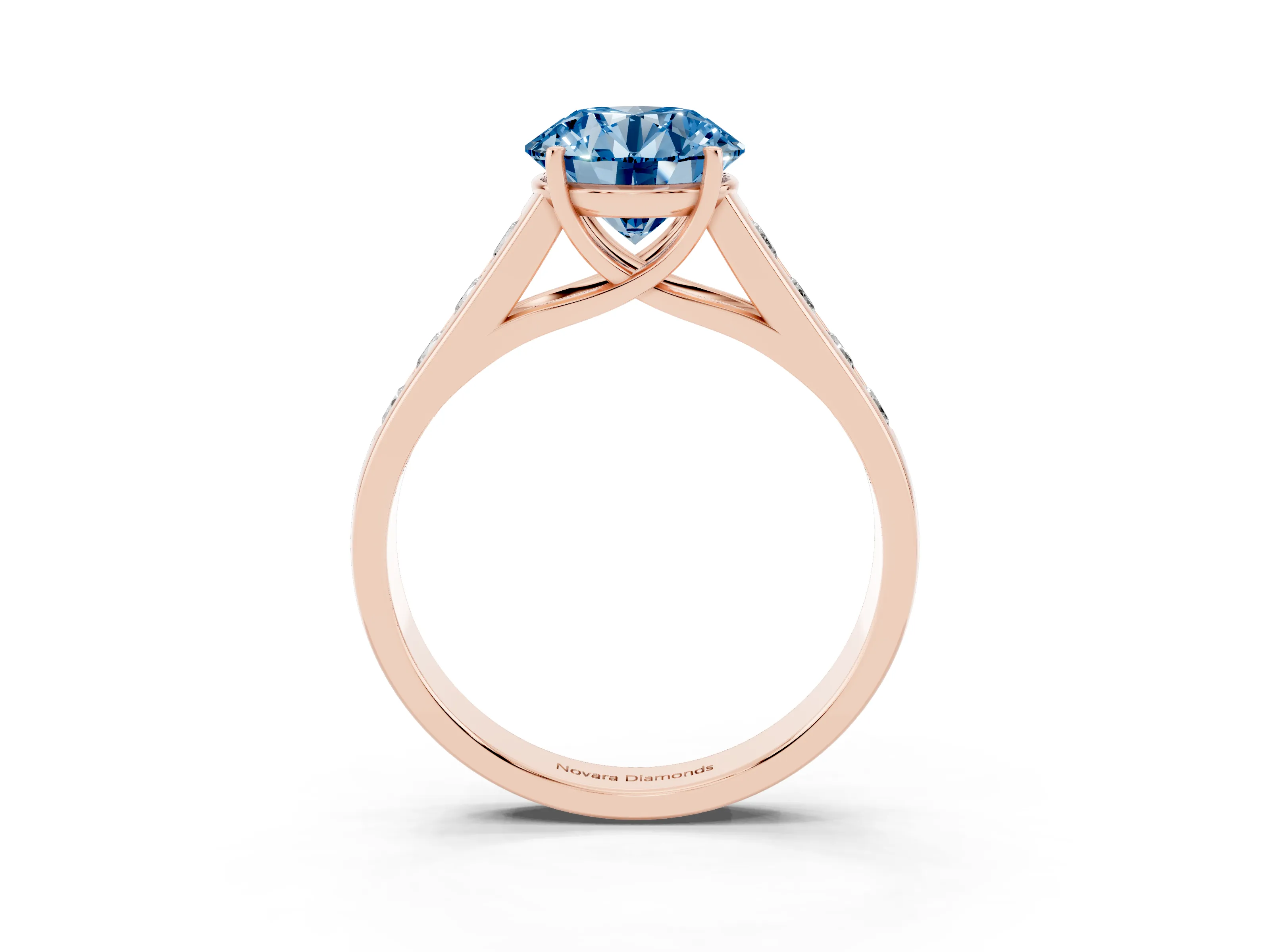 Fancy Blue Round Cut Diamond Solitaire Channel-Set Engagement Ring Set in Rose gold with Prong Setting