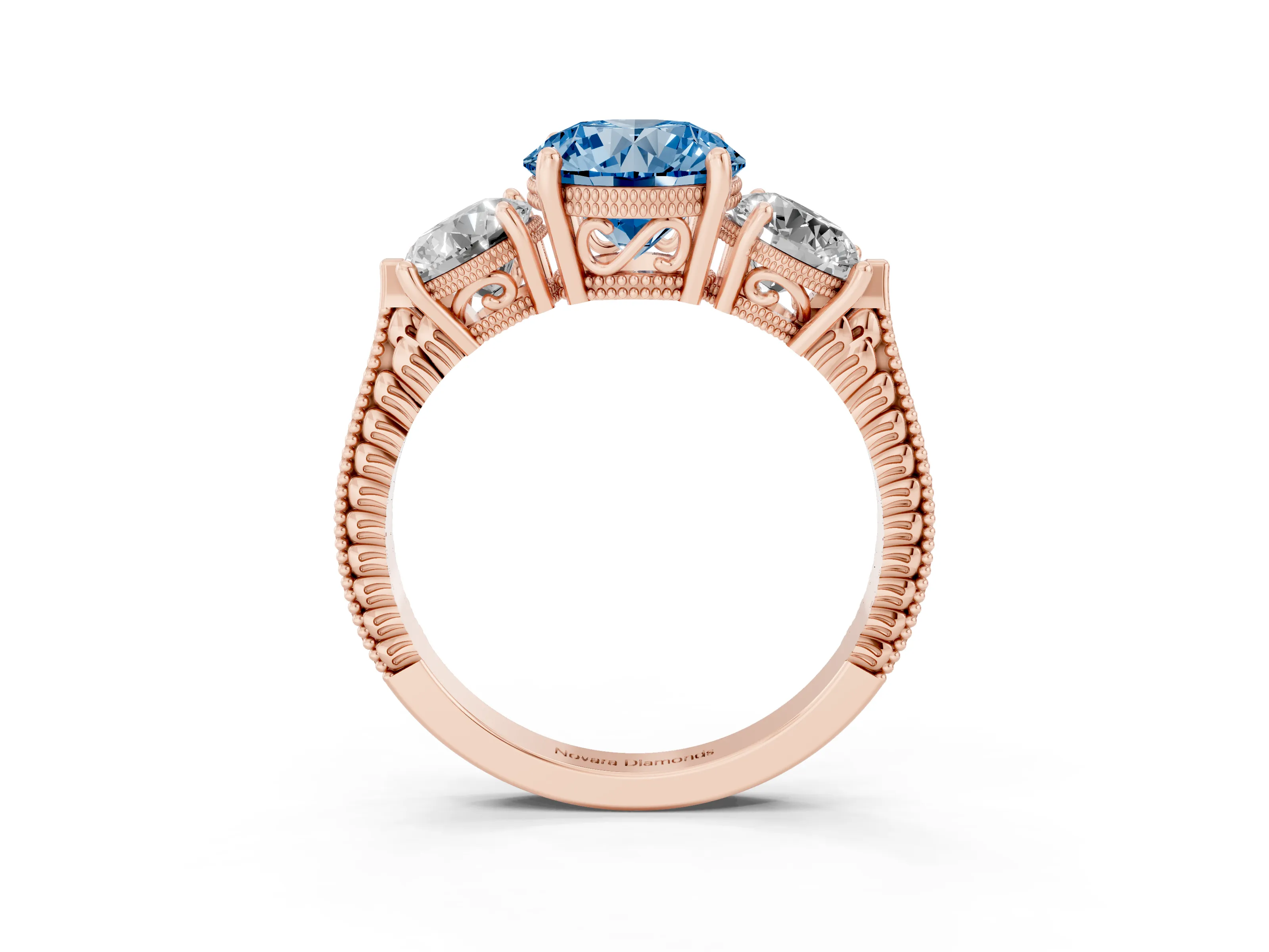 Fancy Blue Round Cut Diamond Three-Stone Ring Set in Rose gold with Milgrain Band