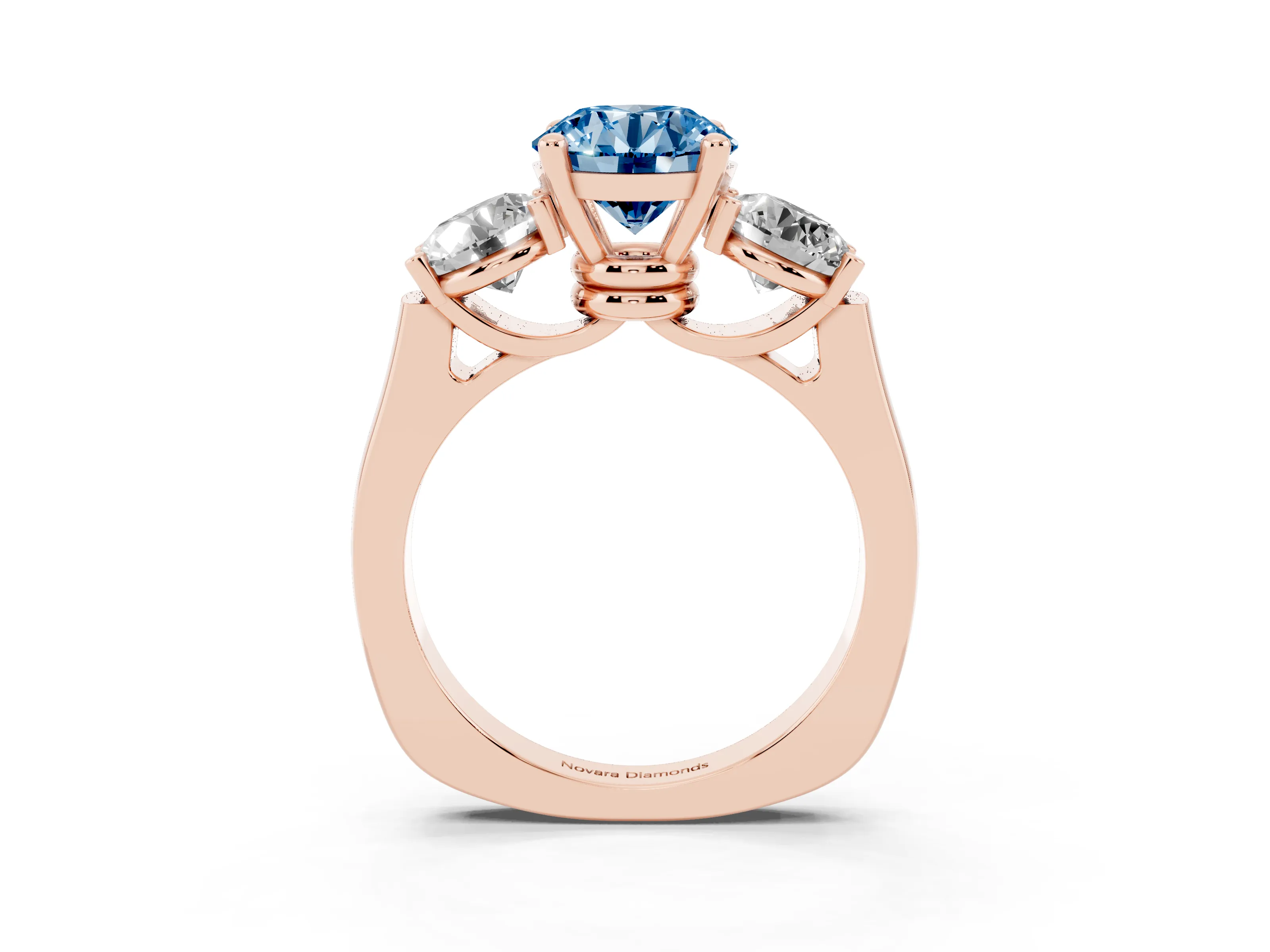 Fancy Blue Round Cut Diamond Three-Stone Trellis Ring Set in Rose gold with Comfort Fit Band