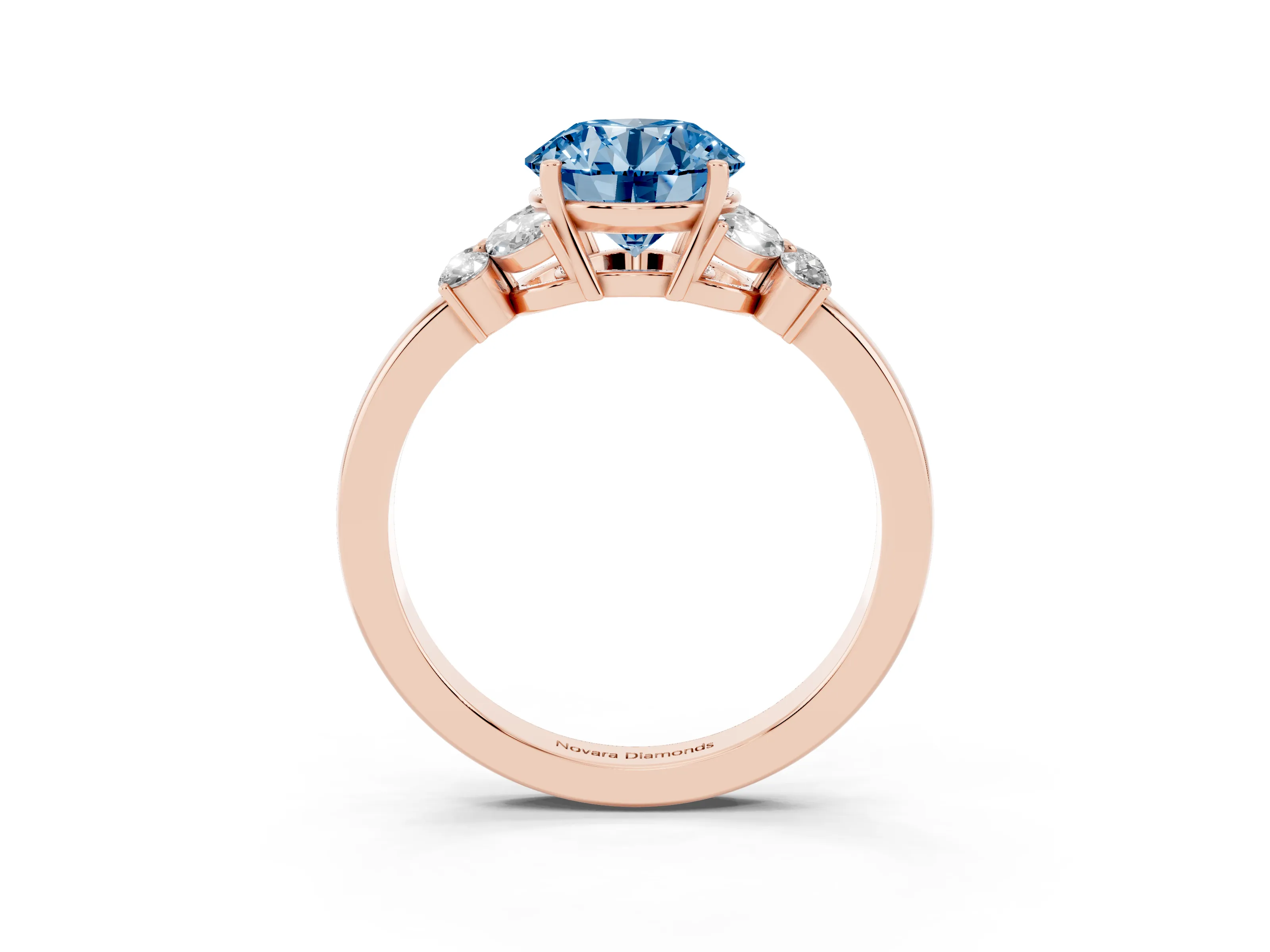 Fancy Blue Round Cut Diamond Solitaire Floral Ring Set in Rose gold with Marquise Petals and Prong Setting