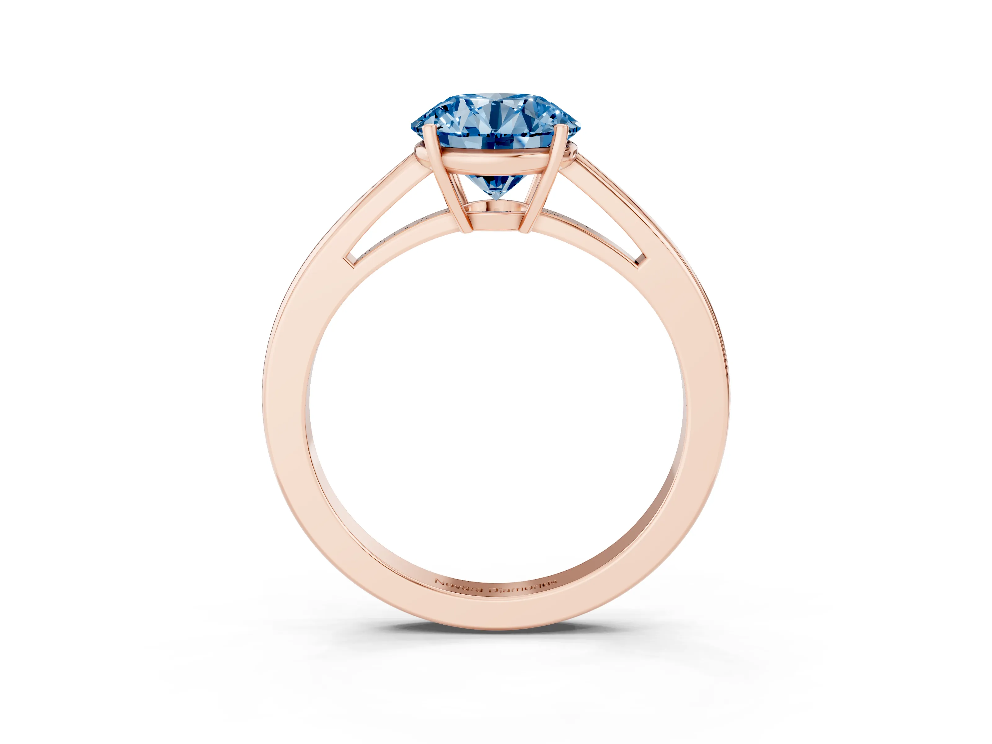 Fancy Blue Round Cut Diamond Solitaire Ring Set in Rose gold with Split Shank and Prong Setting