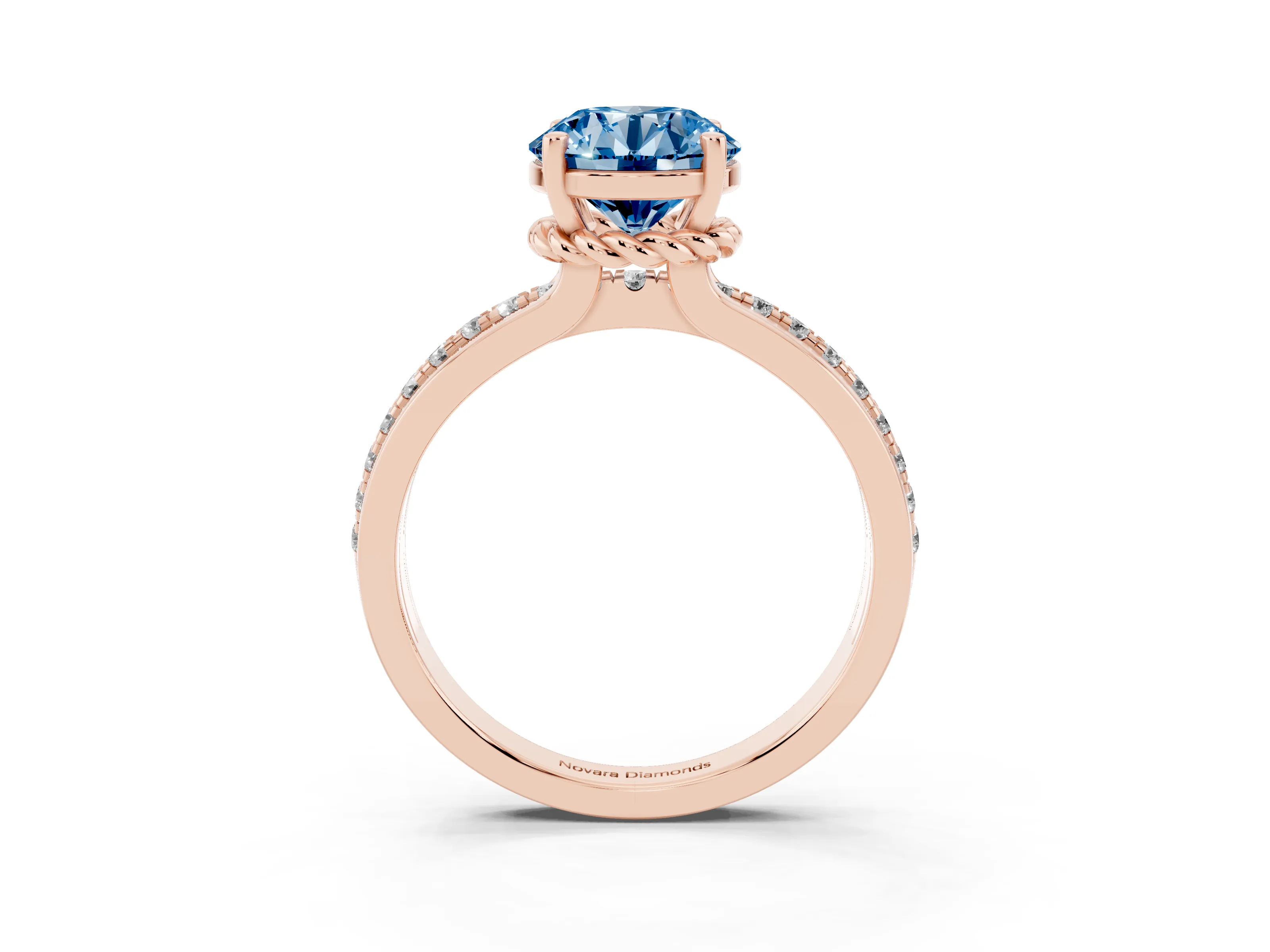 Fancy Blue Round Cut Diamond Solitaire Ring Set in Rose gold with Channel Set Band and Prong Setting