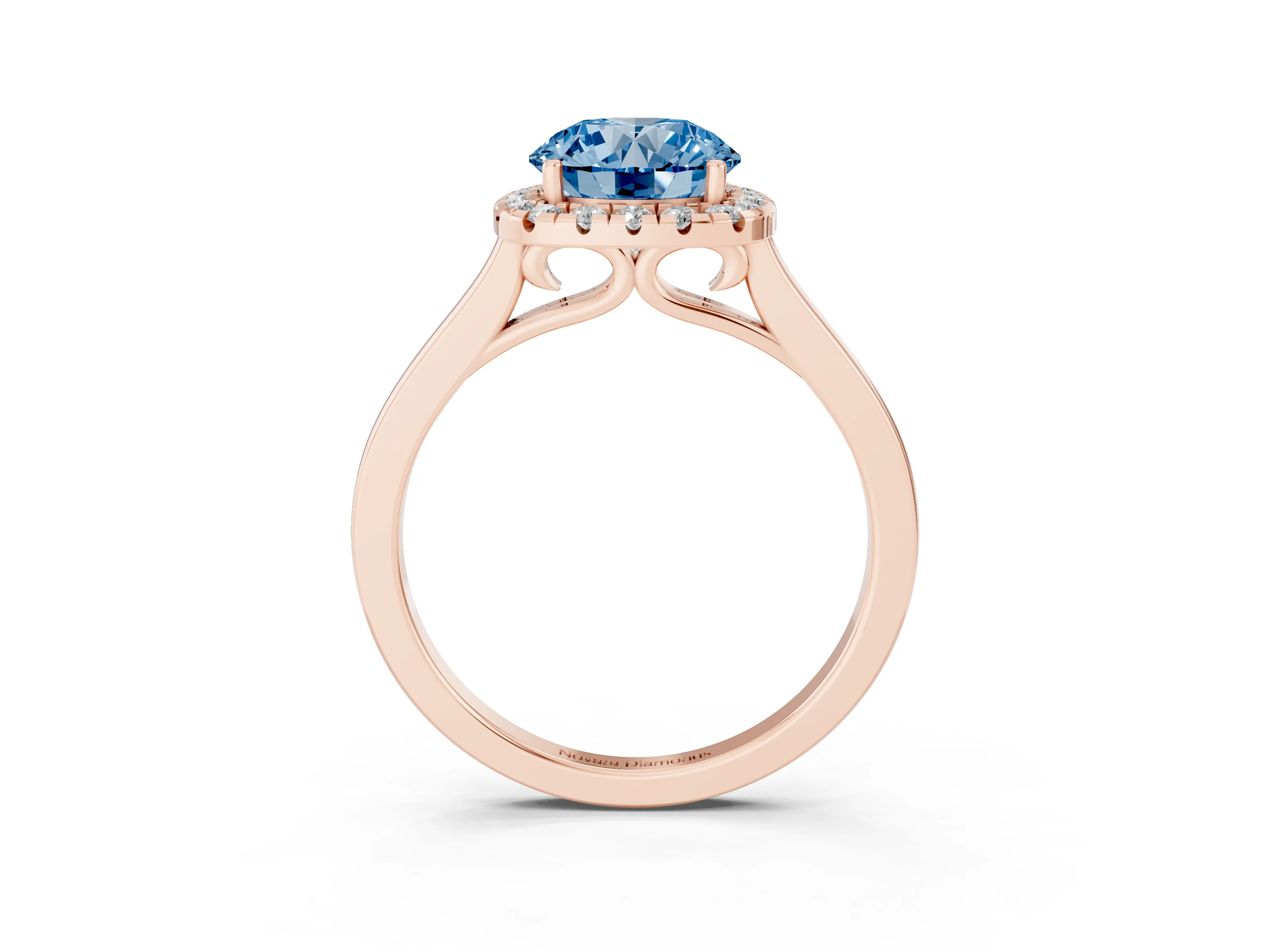 Fancy Blue Round Cut Halo Round Diamond Solitaire Ring Set in Rose gold with Pavé Band and Prong Setting