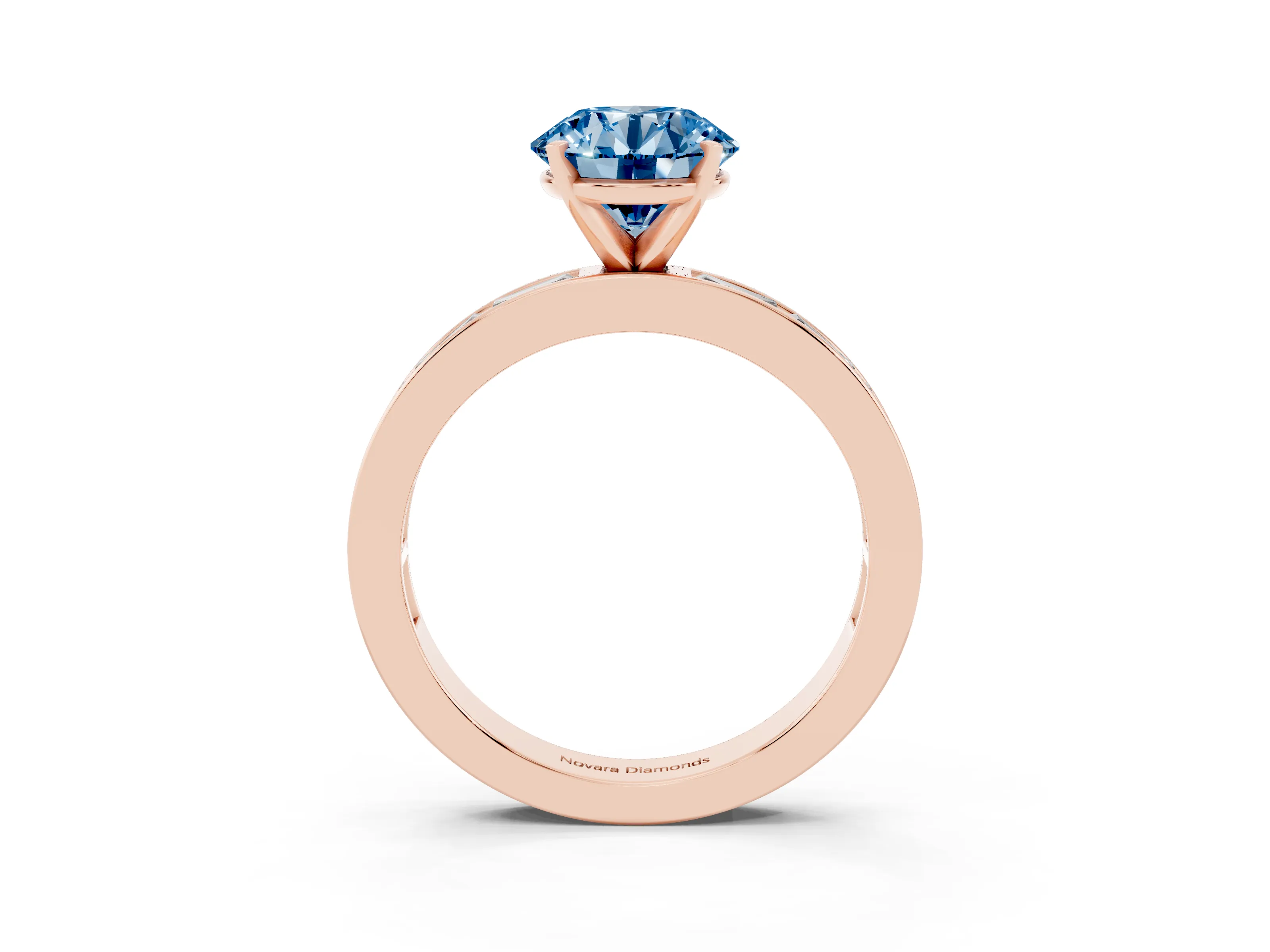 Fancy Blue Round Cut Diamond Solitaire Ring Set in Rose gold with Channel-Set Baguette Band and Prong Setting
