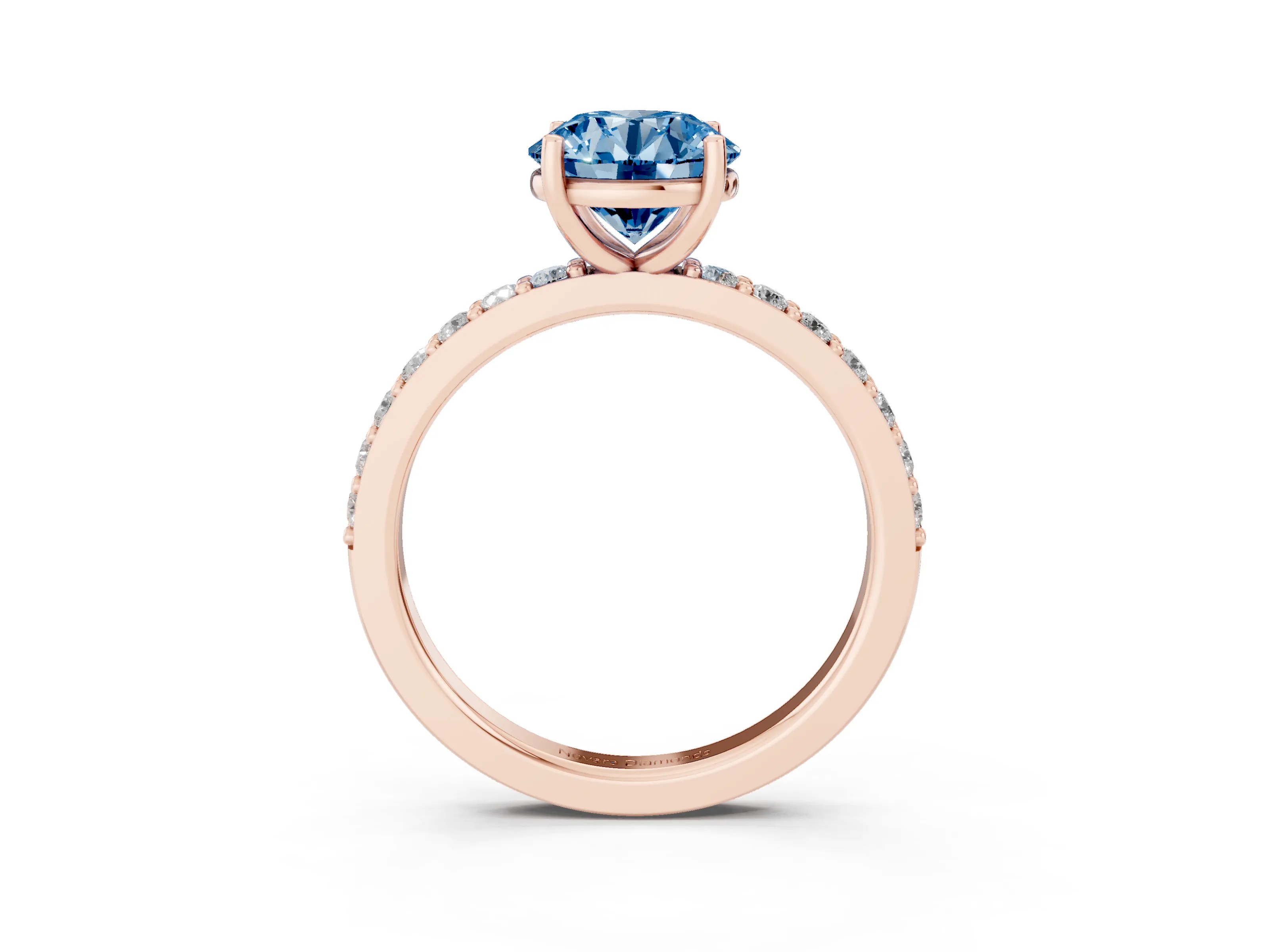 Fancy Blue Round Cut Diamond Solitaire Set in Rose gold with Round Pavé Band and Prong Setting