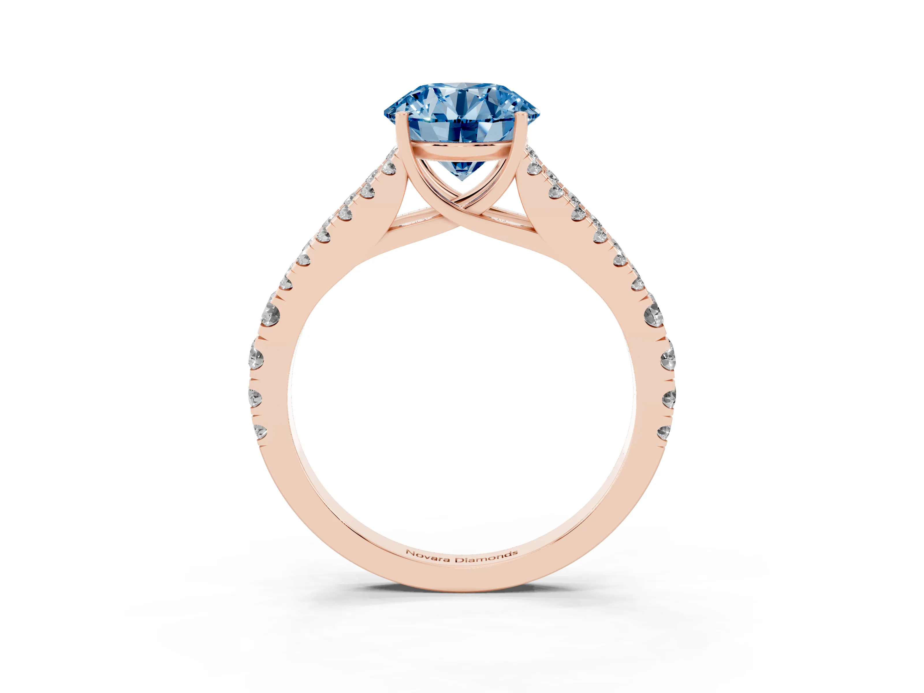 Fancy Blue Round Cut Diamond Split Shank Pavé Engagement Ring Set in Rose gold with Prong-Held Center Stone