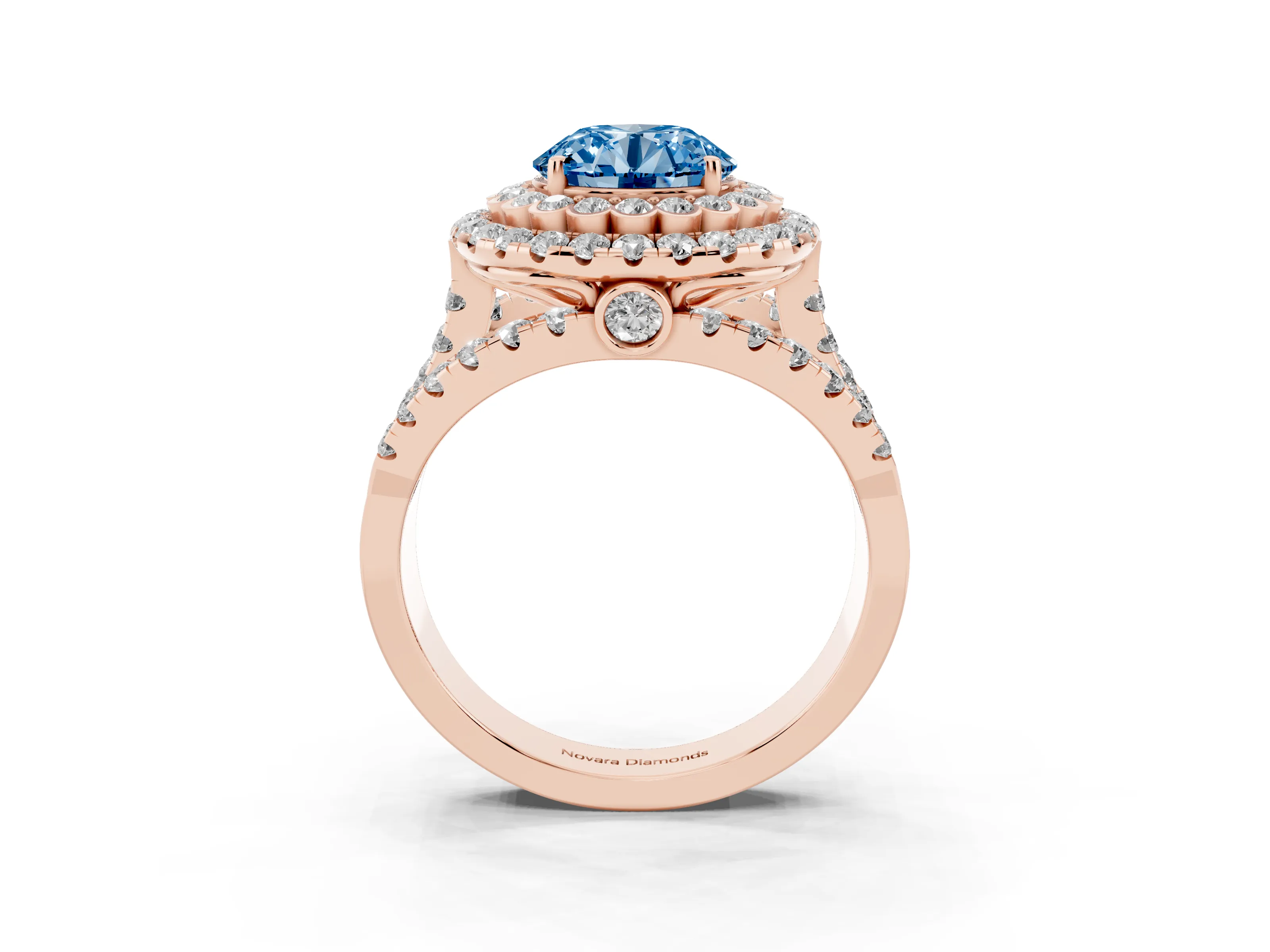 Fancy Blue Round Cut Diamond Double Halo Ring Set in Rose gold with Round Pavé Split Shank