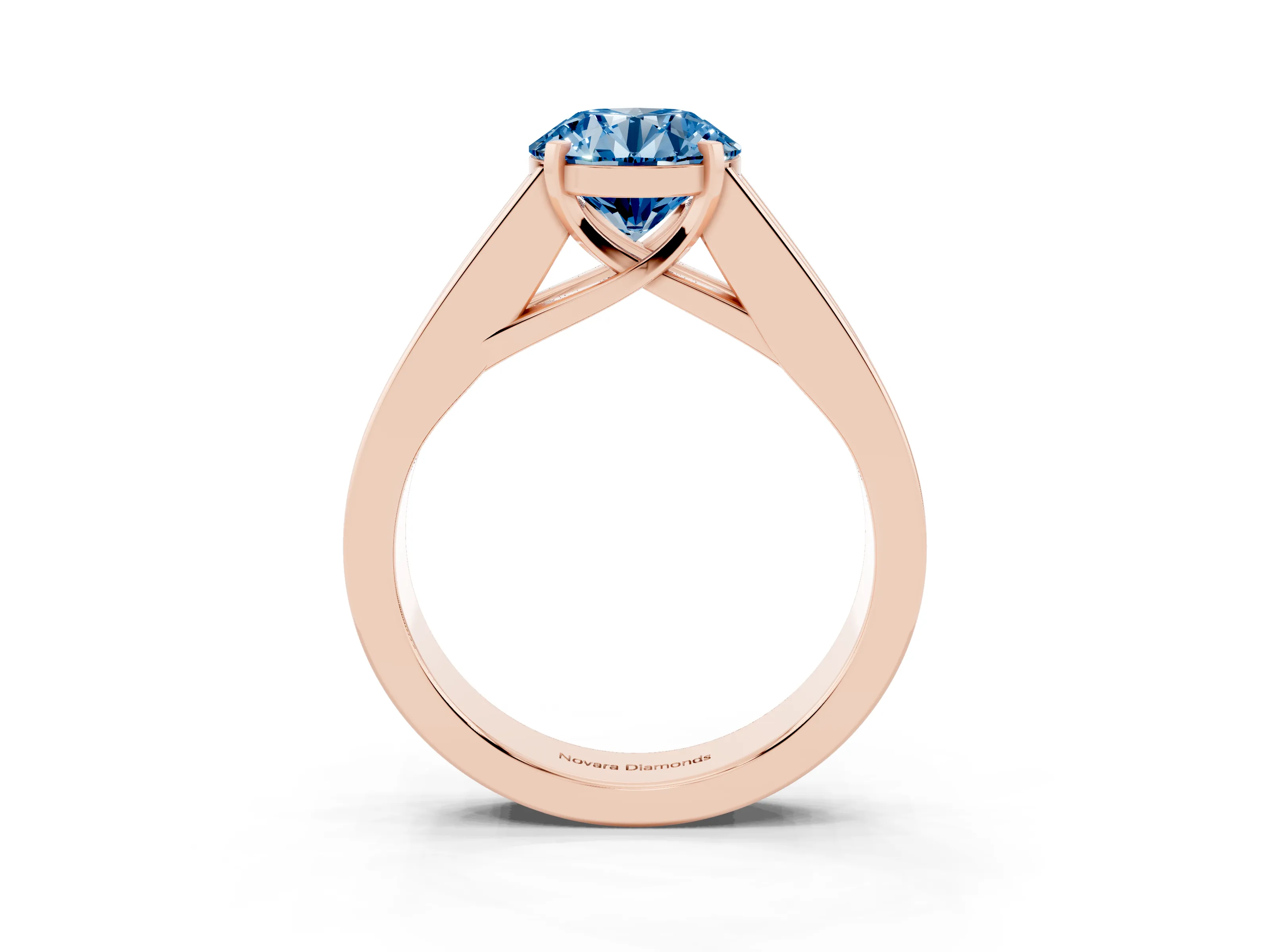 Fancy Blue Round Cut Diamond Solitaire Ring Set in Rose gold with Channel-Set Accent Stones and Prong Setting